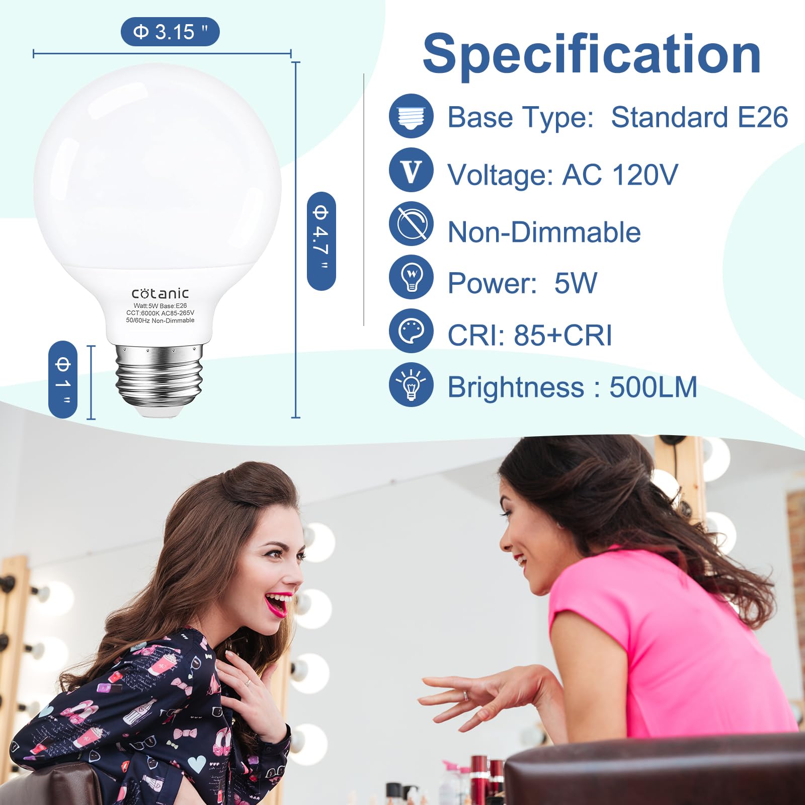 Cotanic G25 Globe Light Bulbs 6000K Daylight White - 4 Pack, E26 Base, 5W (60W Equivalent), 500LM, Non-Dimmable - Perfect for Bathroom Vanity, Dressing Room & Makeup Mirror Lighting