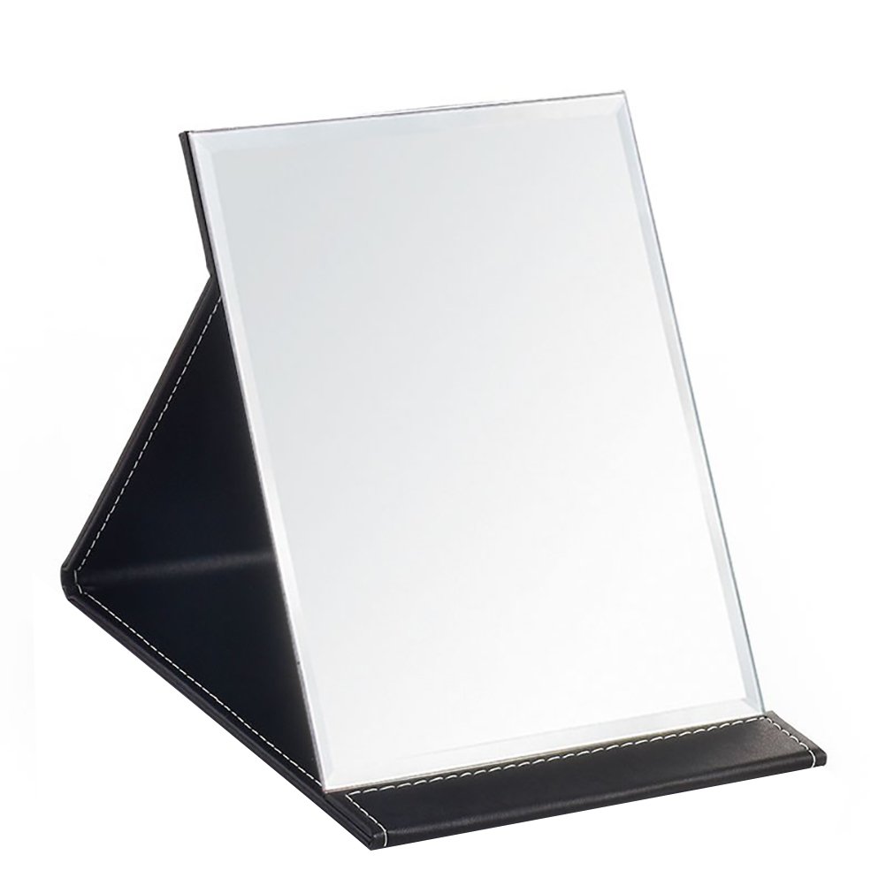 PU Leather Portable Folding Makeup Mirror with Stand (Medium, Black) - Compact Travel Vanity Mirror for Home, Office & Travel | 360° Adjustable for Perfect Lighting