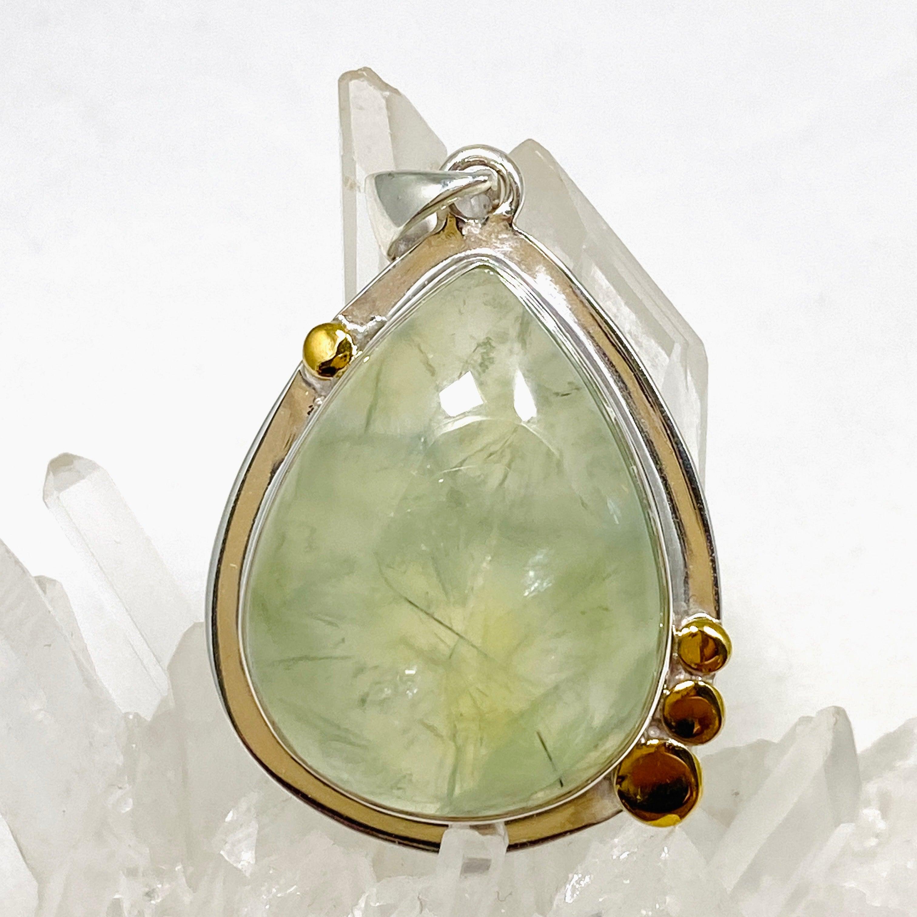 Prehnite Teardrop Pendant Necklace with Brass Accents - KPGJ4294 | Elegant Boho Jewelry for Women, Perfect for Everyday Wear & Special Occasions