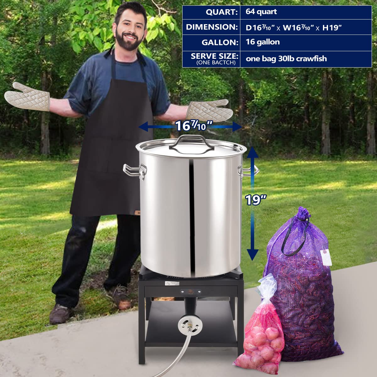 64-QT Stainless Steel Stockpot with Basket & Steamer Rack - Large Seafood Boiler for Crawfish, Crab, Lobster, Shrimp | Outdoor Cooking Pot for Turkey Fryer, Tamales Steamer & Boiling | Perfect for Backyard BBQs, Camping & Large Gatherings (16 Gallon)