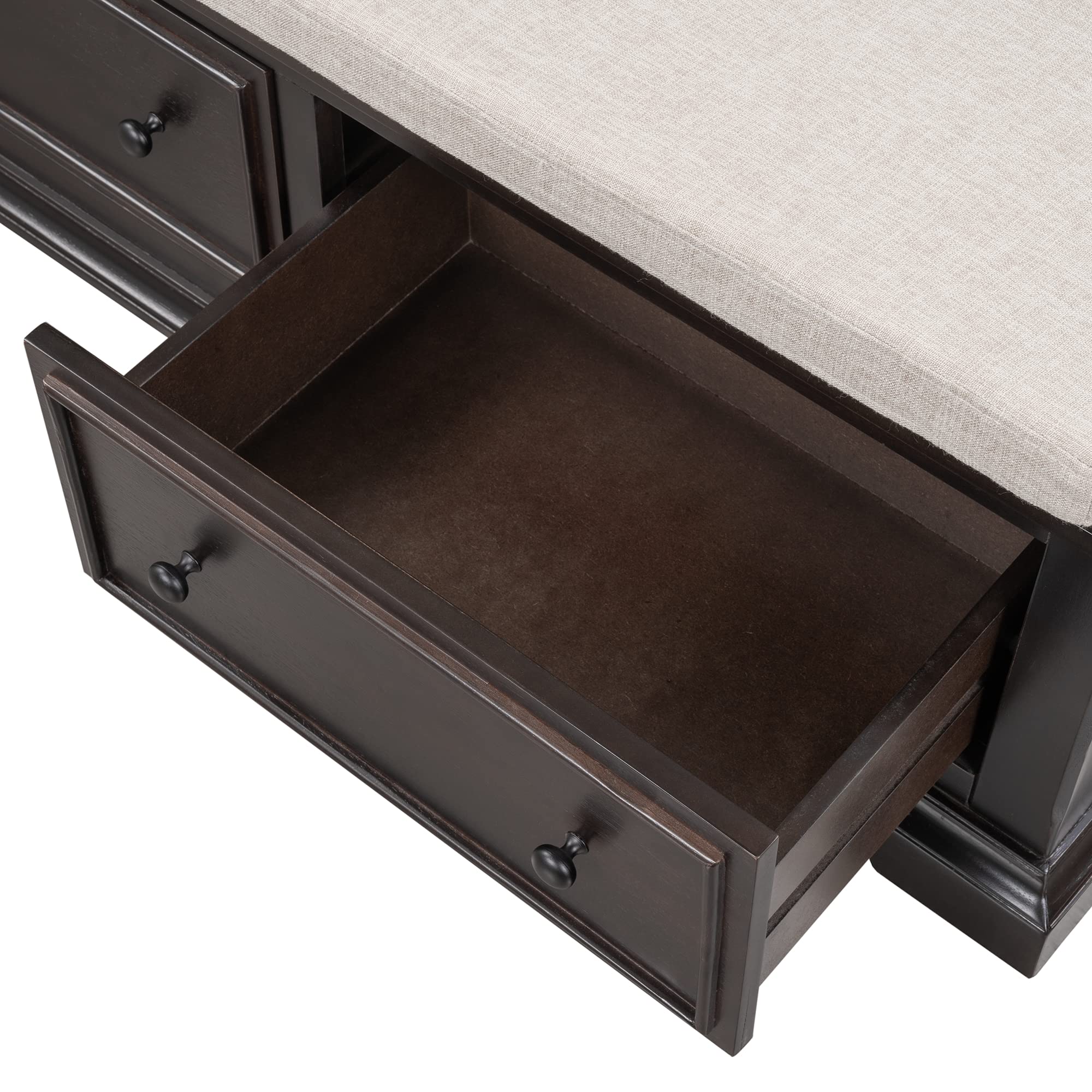 **Solid Wood Fully-Assembled Shoe Storage Bench with 2 Large Drawers & Removable Linen Blend Cushion - Entryway, Hallway, Living Room Bench (Espresso & Wood) - Perfect for Organizing Shoes, Coats & Home Decor**