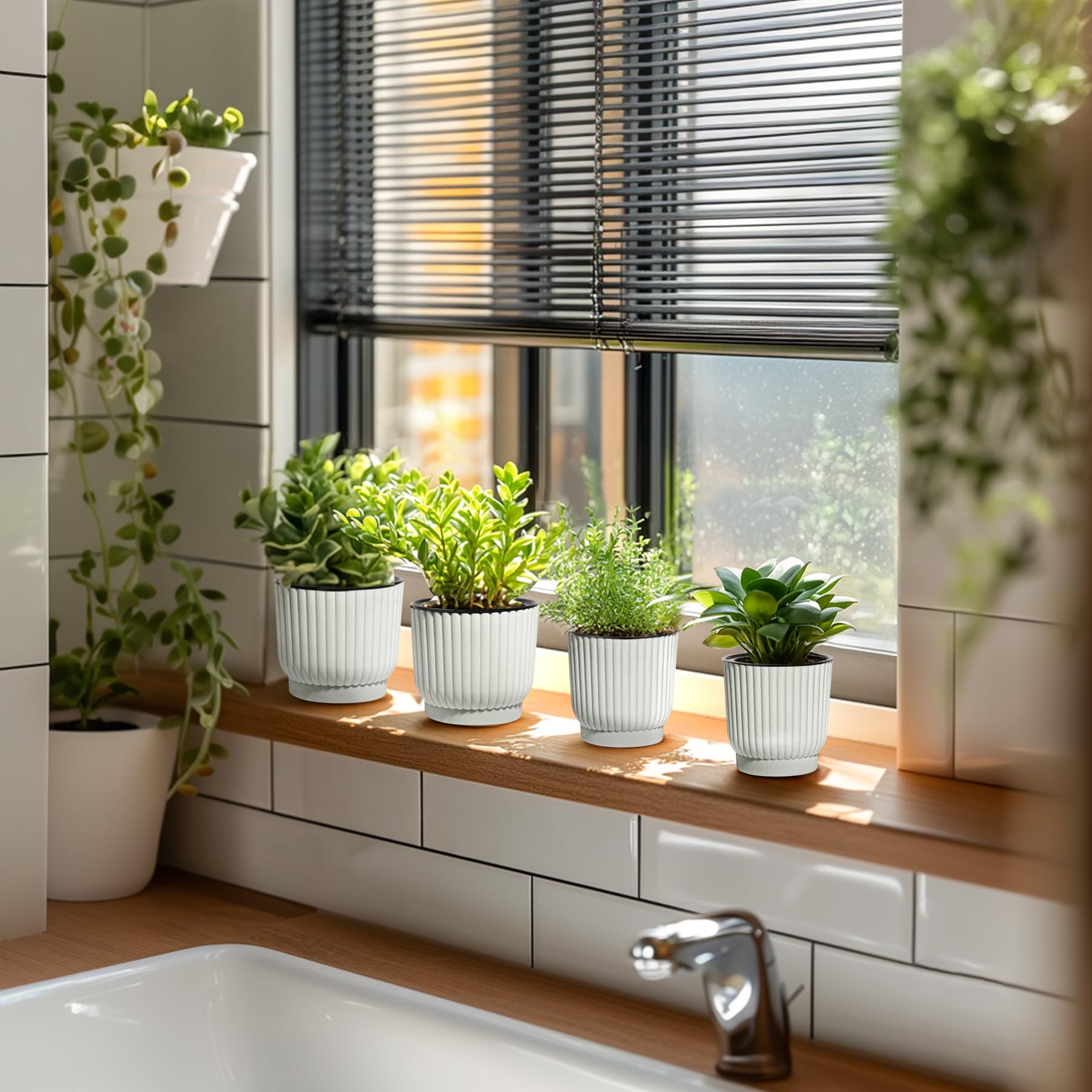 4.5 Inch Self Watering Plant Pots (6 Pack) - African Violet & Succulent Planter with Water Reservoir - Small Indoor Flower Pots for Home, Office Decor - White Ceramic Planters for Windowsill, Desk, Shelf Display