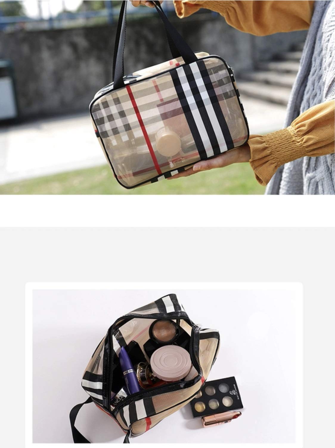 Waterproof PVC Stripe Cosmetic Bag with Zipper - Large Capacity Makeup Organizer for Women | Travel, Bathroom & Gym Storage | Portable Mesh Toiletry Bag (Khaki)