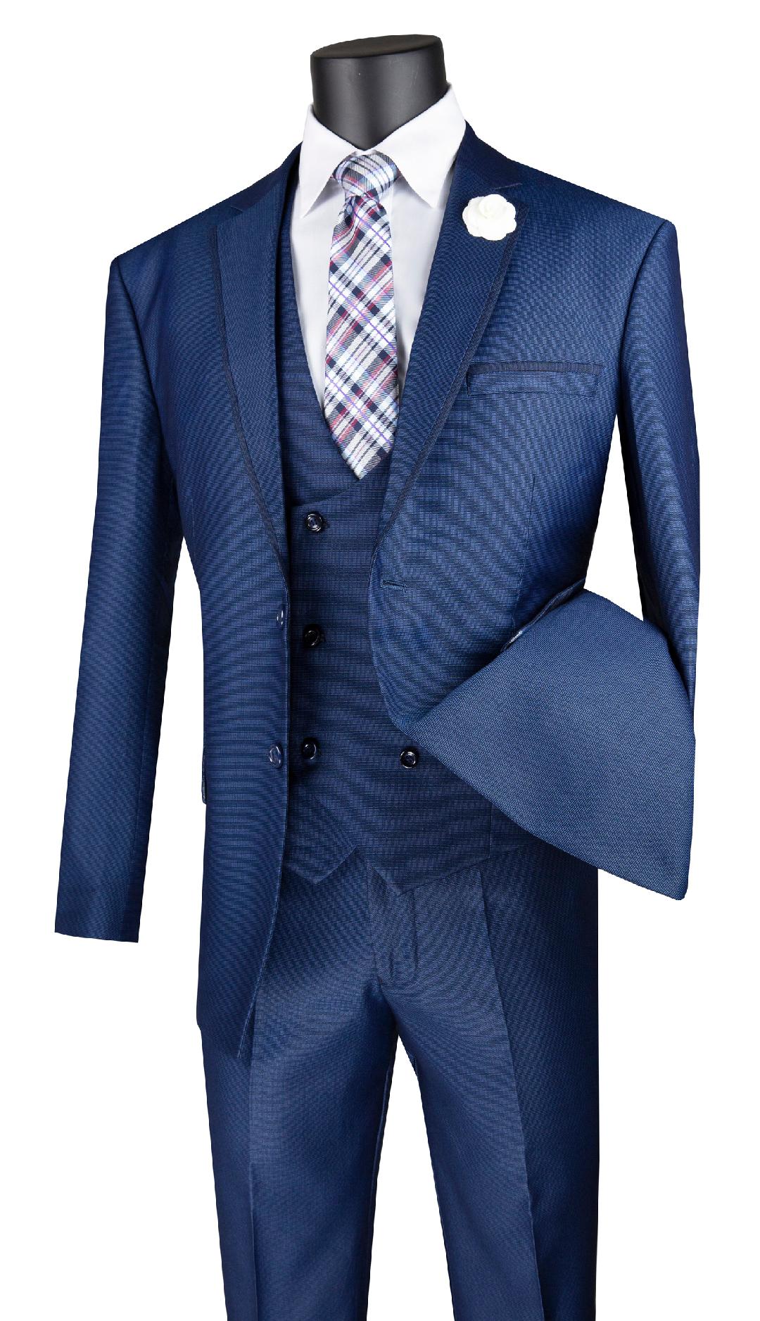 Modern Fit Navy Vested Suit with Peak Lapel - Formal Business Attire for Weddings & Professional Events