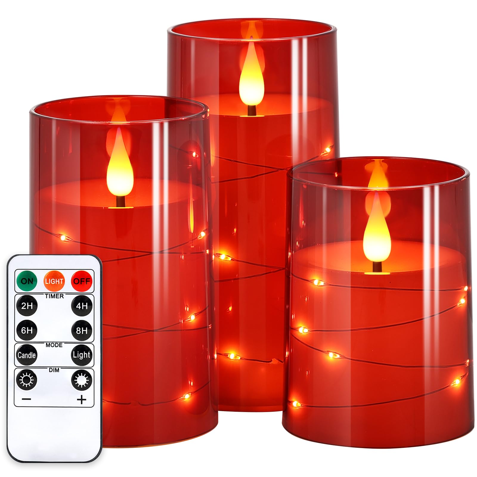NURADA Flickering Flameless LED Candles with Remote & Timer - Battery Operated Star String Light Pillar Candles for Wedding, Christmas, Halloween Decor - Romantic Home & Party Decorations (Red, 3-Pack) | Perfect for Centerpieces, Fireplace, Dinner Tables & Holiday Displays