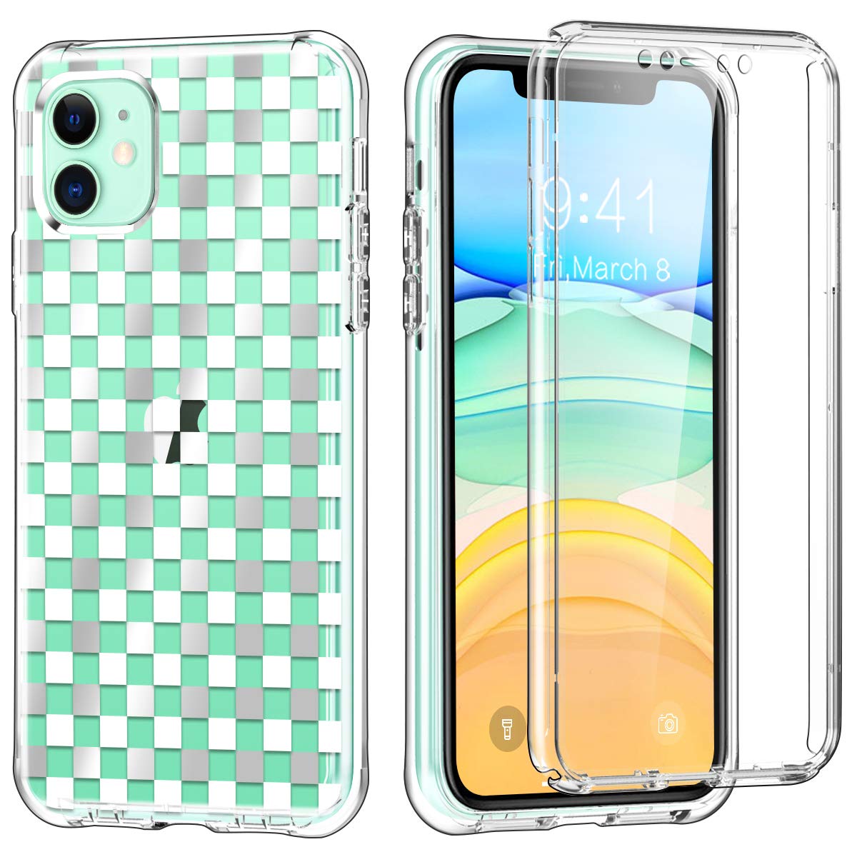 Hocase iPhone 11 Case with Built-in Screen Protector - Shockproof Slim Hybrid Full Body Protective Cover - Soft TPU Bumper & Hard Plastic for iPhone 11 (6.1-inch, 2019 Model) - Silver/White Plaid Design - Perfect for Everyday Use, Work & Outdoor Activities