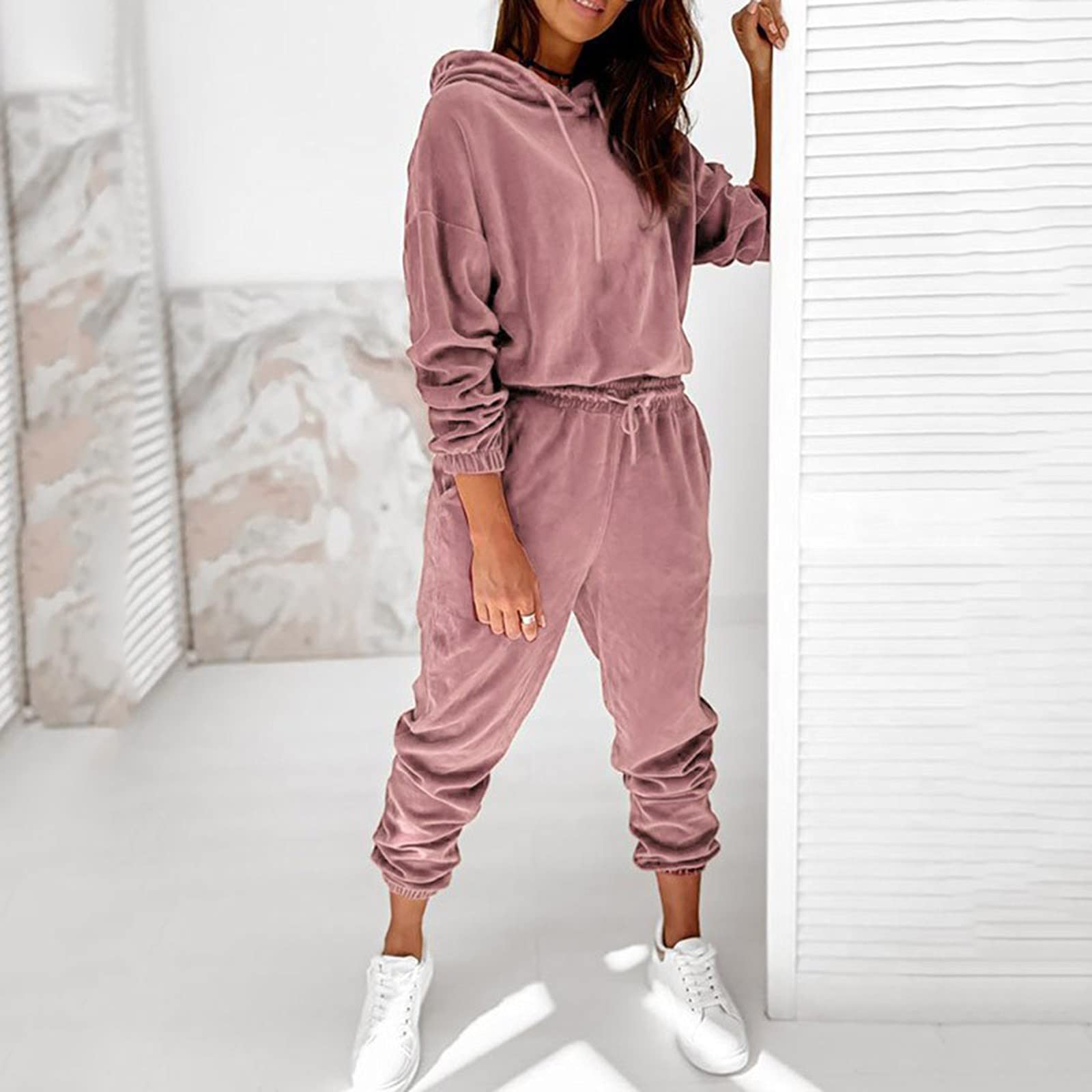 Women's Solid Color Hooded Sweatshirt & Jogger Pants Set - Long Sleeve Casual Sportswear (Pink, XXL) - Perfect for Gym, Yoga, Running & Lounge Wear