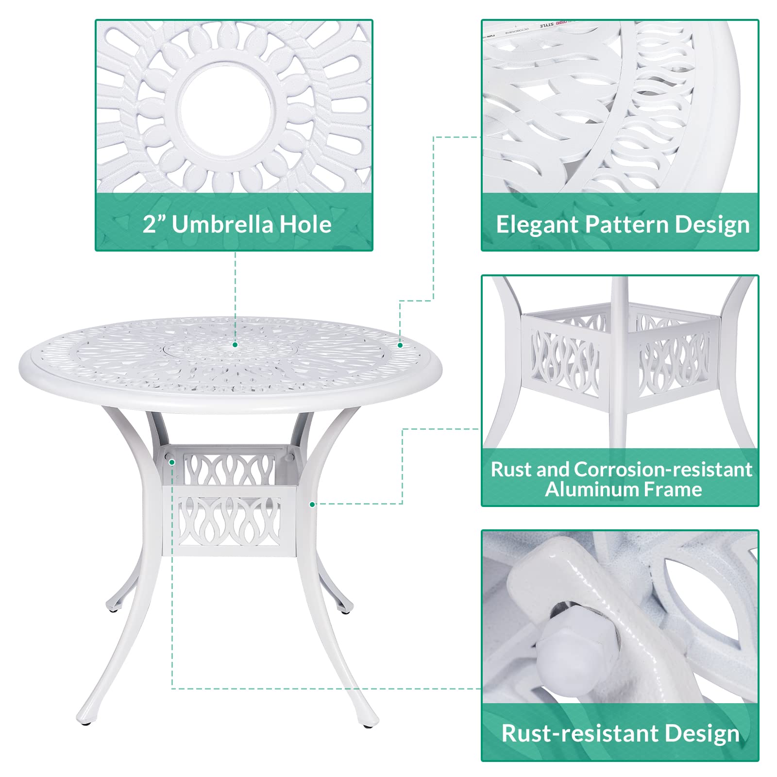 VIVIJASON 35.4 Inch Round Outdoor Patio Dining Table - White Rustic Cast Aluminum with Umbrella Hole - Perfect for Backyard, Garden, Poolside & Outdoor Entertaining