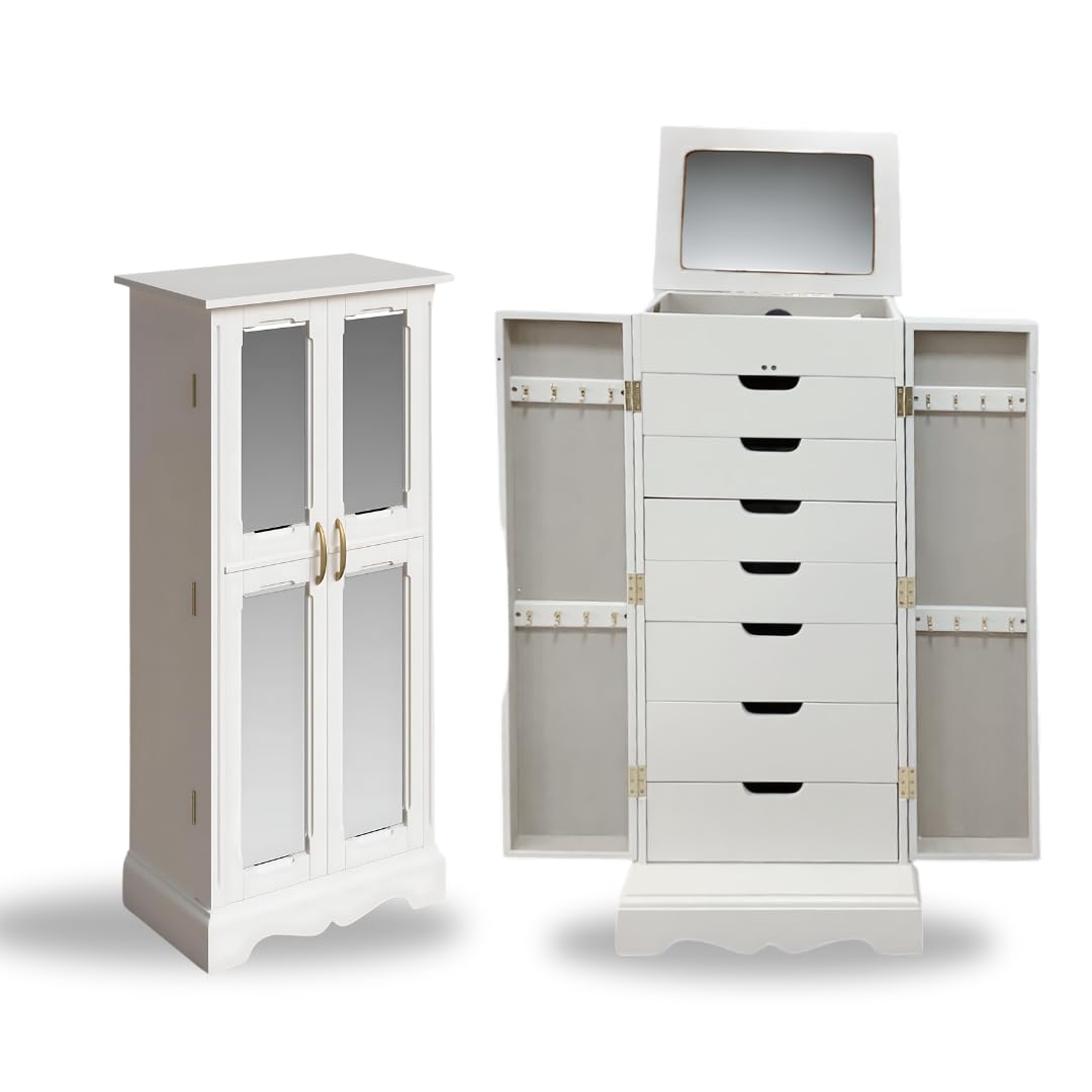 Hives & Honey Meadow Standing Jewelry Armoire Cabinet - White Jewelry Storage Organizer with Flip Mirror, 2 Doors & 7 Drawers for Necklaces, Earrings, Bracelets | Perfect for Bedroom, Closet & Dressing Room Organization