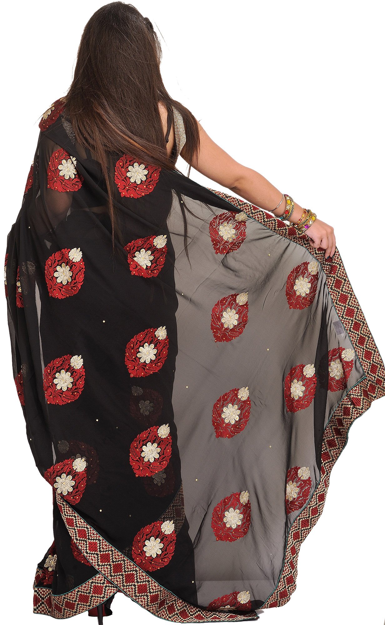 Jet-Black Embroidered Wedding Sari with Crystals - Perfect for Bridal & Special Occasions
