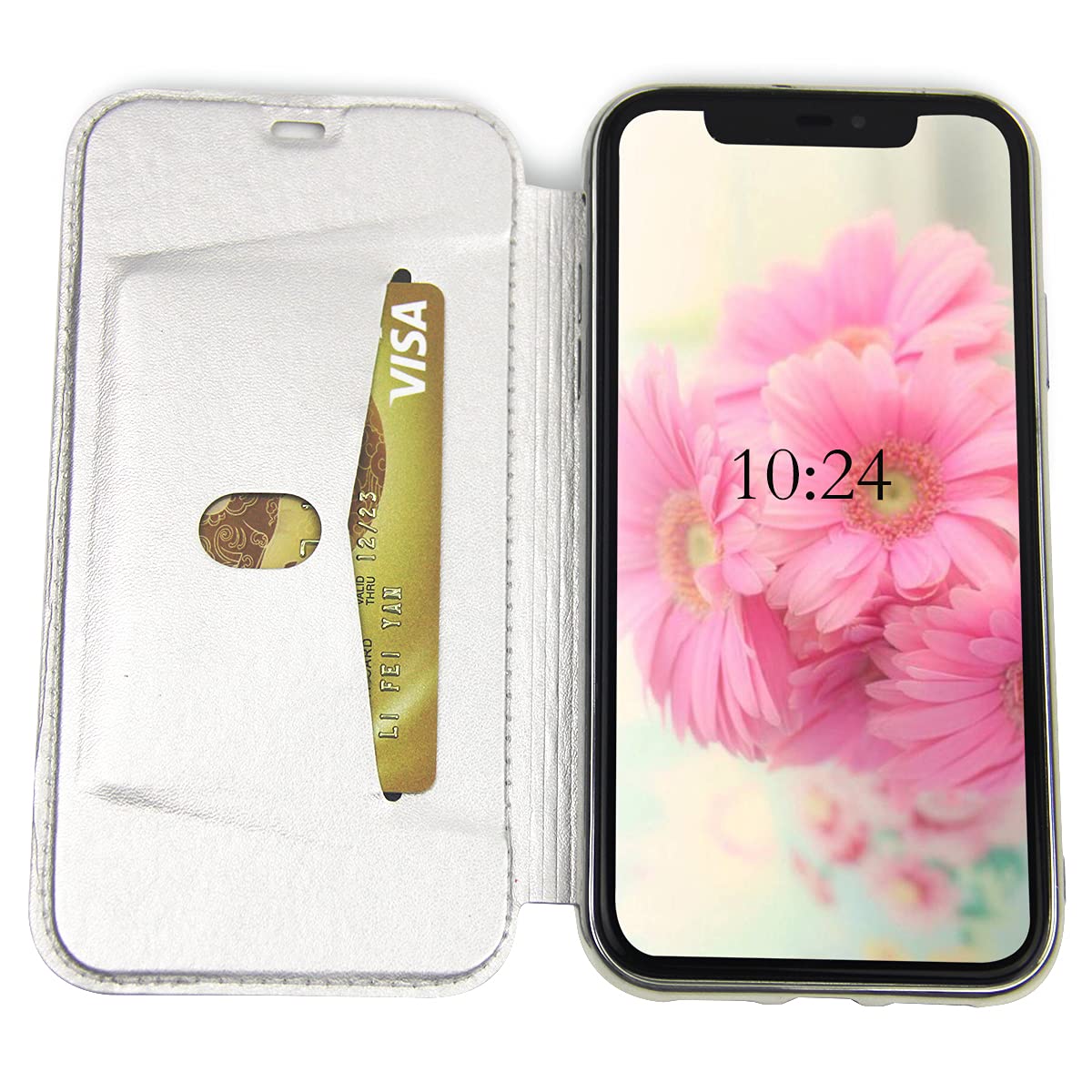 iPhone 12 Pro Max Wallet Case - Bling PU Leather Folio with Clear TPU Back & Card Slots | Slim Protective Cover for iPhone 12 Pro Max (Glitter Silver) | Perfect for Everyday Use, Travel & Business Meetings