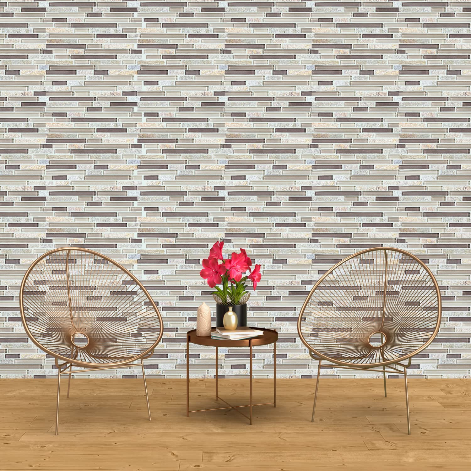 BuildMyplace 12x12 Inch Cotton Wood Random Strip Glass Quartz Blend Mosaic Tile - Peel and Stick Backsplash for Bathroom, Kitchen, Living Room & Dining Room (10 Tiles | Covers 10 sq. ft.) - Easy DIY Home Decor & Wall Accent Upgrade