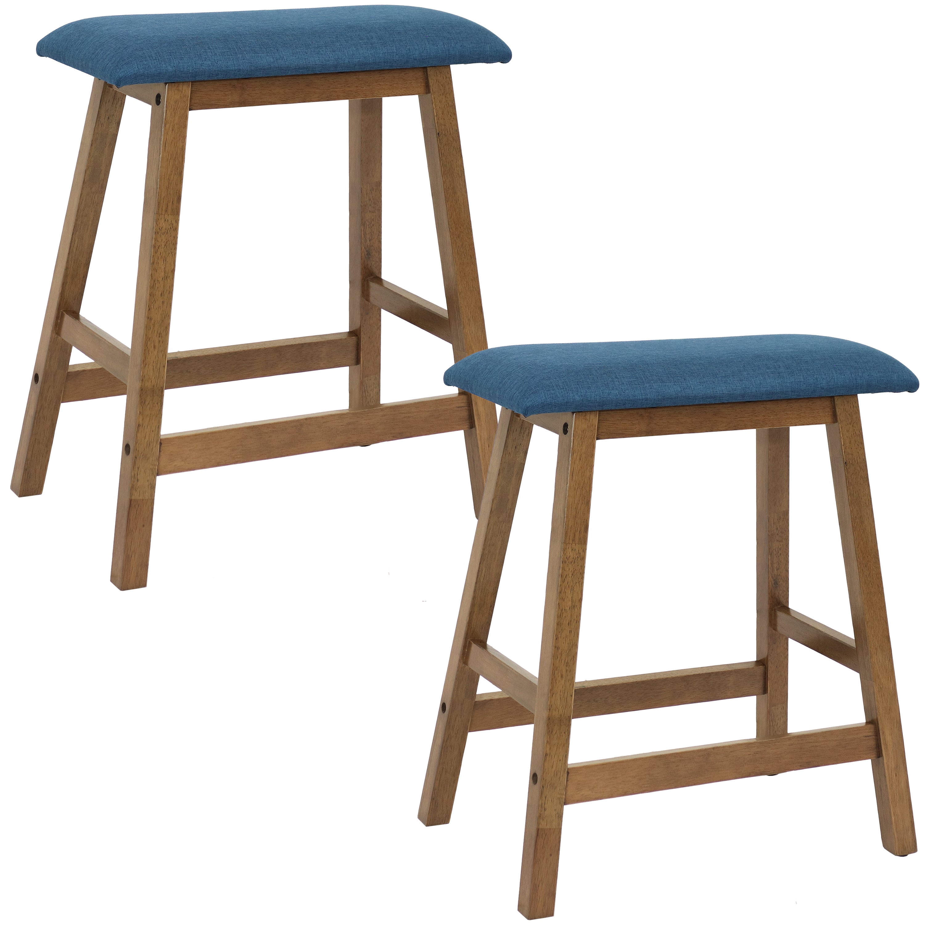 Sunnydaze Set of 2 Counter Height Bar Stools - Weathered Oak Finish with Blue Cushions - Perfect for Kitchen Island, Breakfast Nook & Home Bar Decor