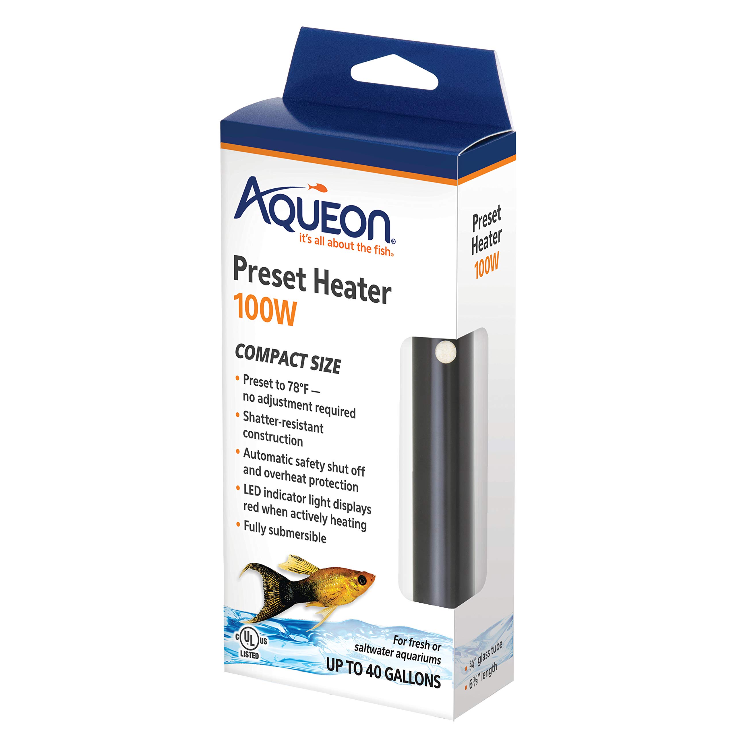 Aqueon 100W Preset Aquarium Heater for 40 Gallon Fish Tanks - Reliable Temperature Control for Tropical Fish, Saltwater & Freshwater Aquariums - Perfect for Home, Office or Classroom Aquarium Setup