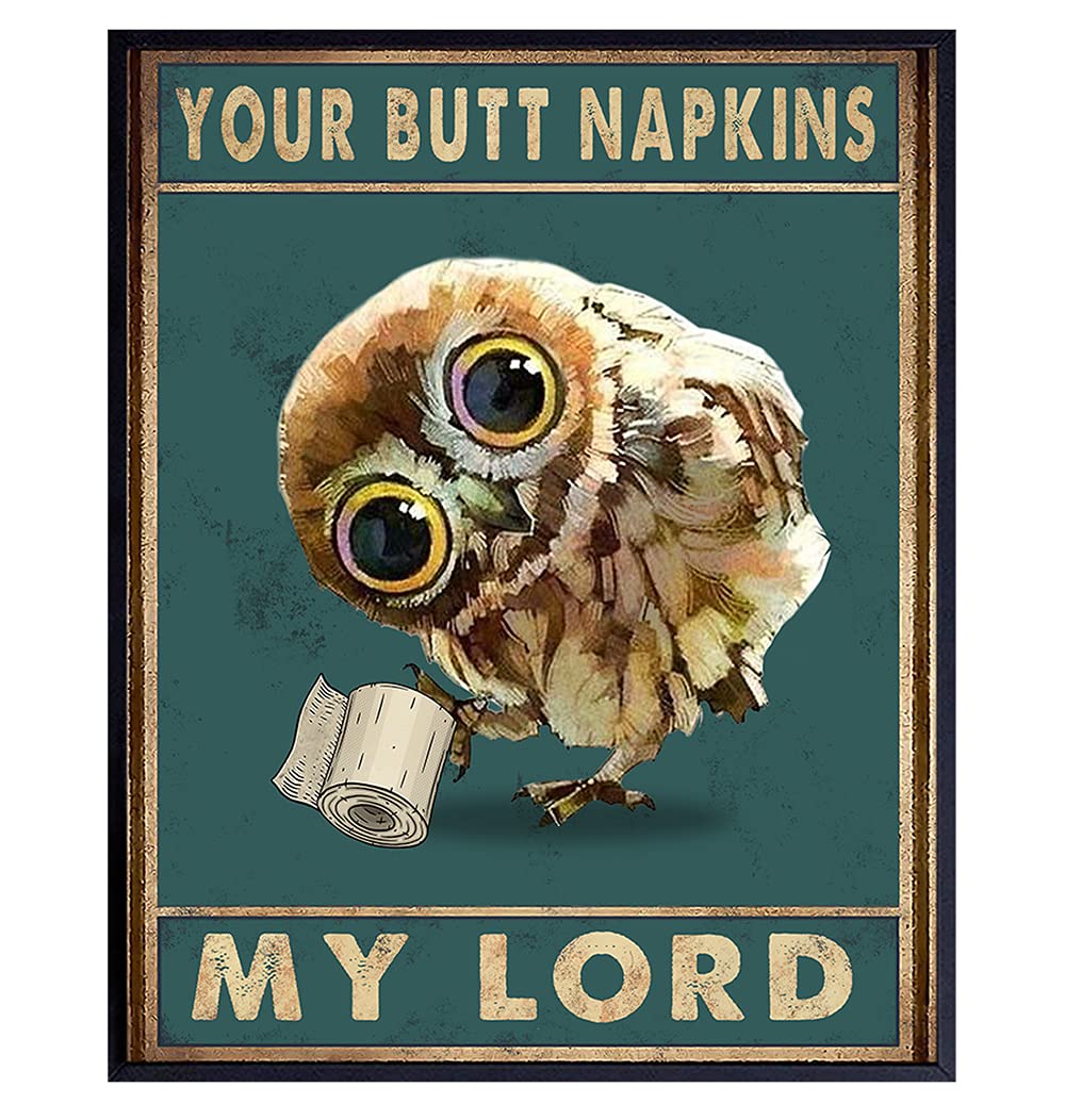 Funny Owl Wall Decor & Butt Napkins - Unique Bathroom Wall Art for Powder Room & Guest Bath - Cute Restroom Sign & Decor for Women - Perfect for Home, Office, or Gift