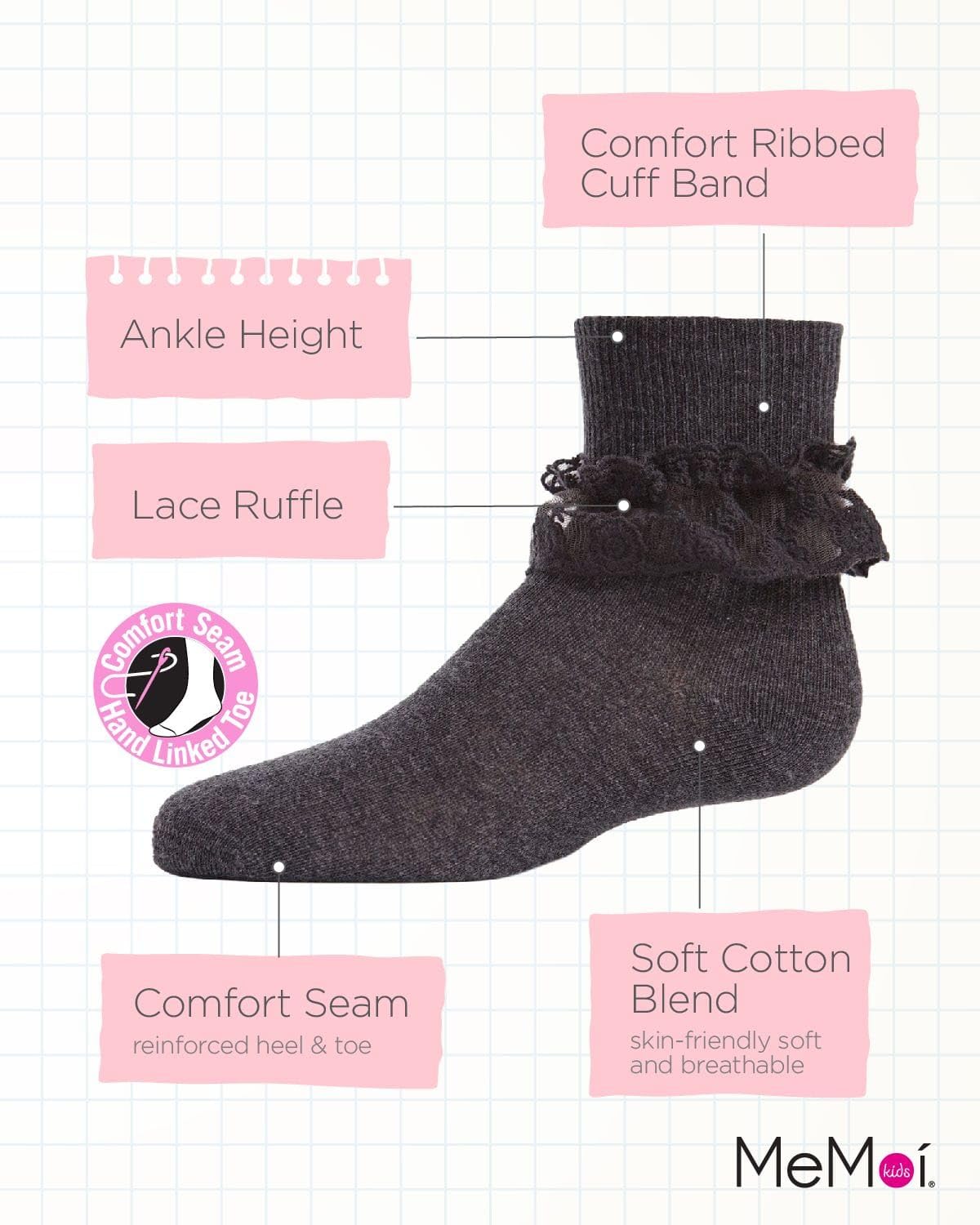 MeMoi Girls' Layered Lace Cotton Blend Anklet Socks - Cute & Comfortable for School, Party & Everyday Wear