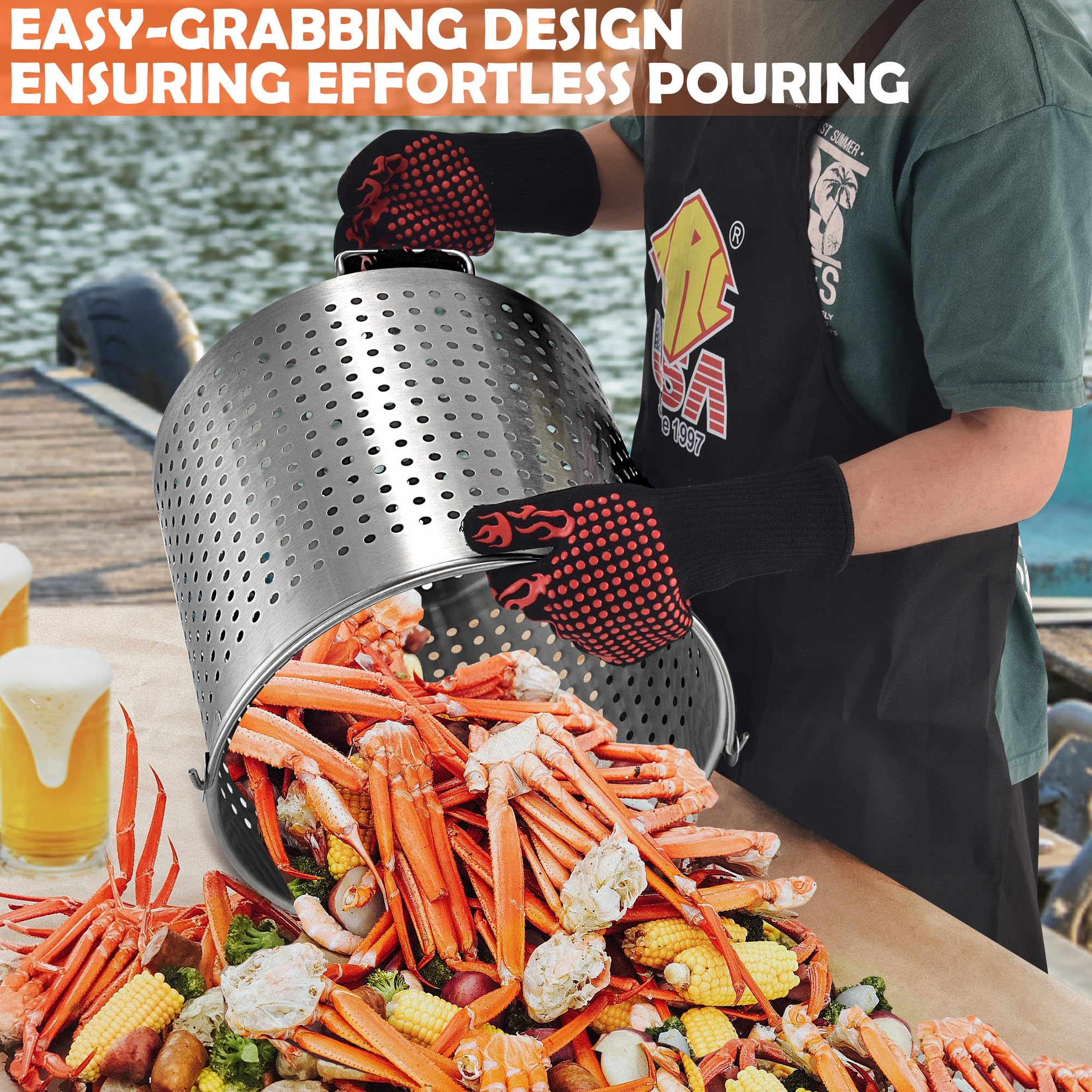 64-Quart Stainless Steel Seafood Boil Pot with Basket & Strainer - Perfect for Crawfish, Crab, Lobster & Shrimp Boils - Includes 2 Brown Paper Liners - Also Great for Turkey Frying & Large Batch Cooking (16 Gallon)