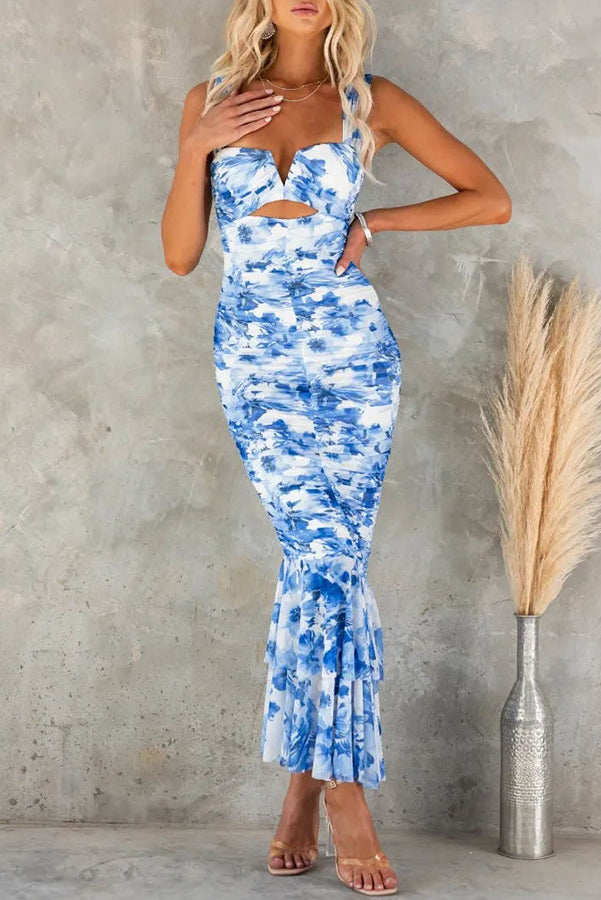 Floral Ruched Mesh Overlay Ruffle Hem Maxi Dress - Elegant Women's Summer Party & Wedding Guest Dress for Beach Vacations & Special Occasions