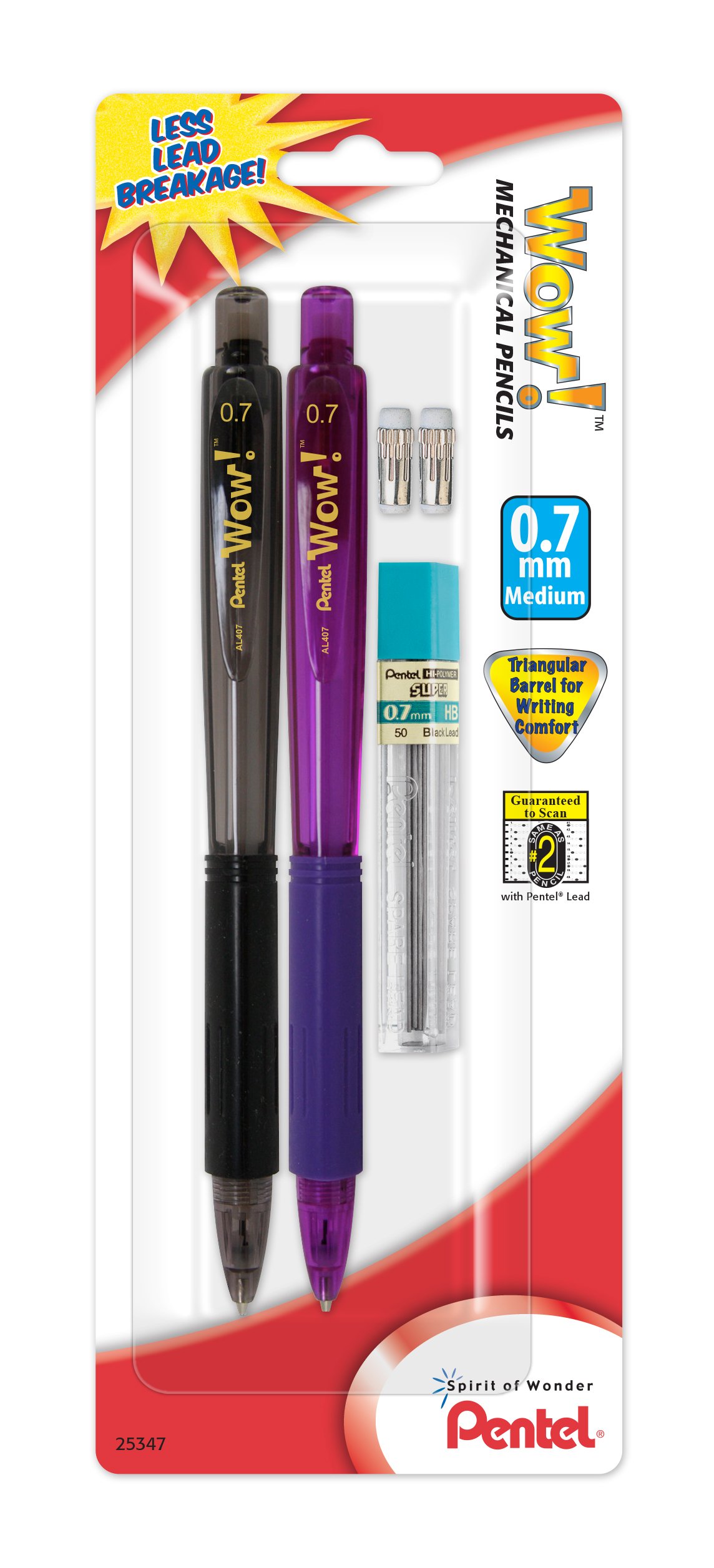 Pentel Wow 0.7mm Mechanical Pencil Set - 2 Pencils with Lead & Erasers for School & Office