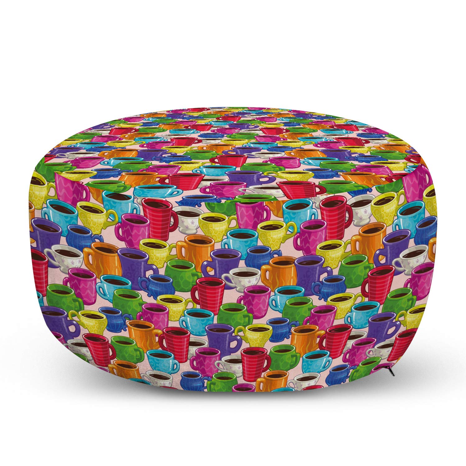 Ambesonne Cartoon Ottoman Pouf - Colorful Vintage Coffee Mug Print Foot Rest with Removable Cover for Living Room & Bedroom | Soft Decorative Pouf for Lounge, Reading Nook & Dorm Decor