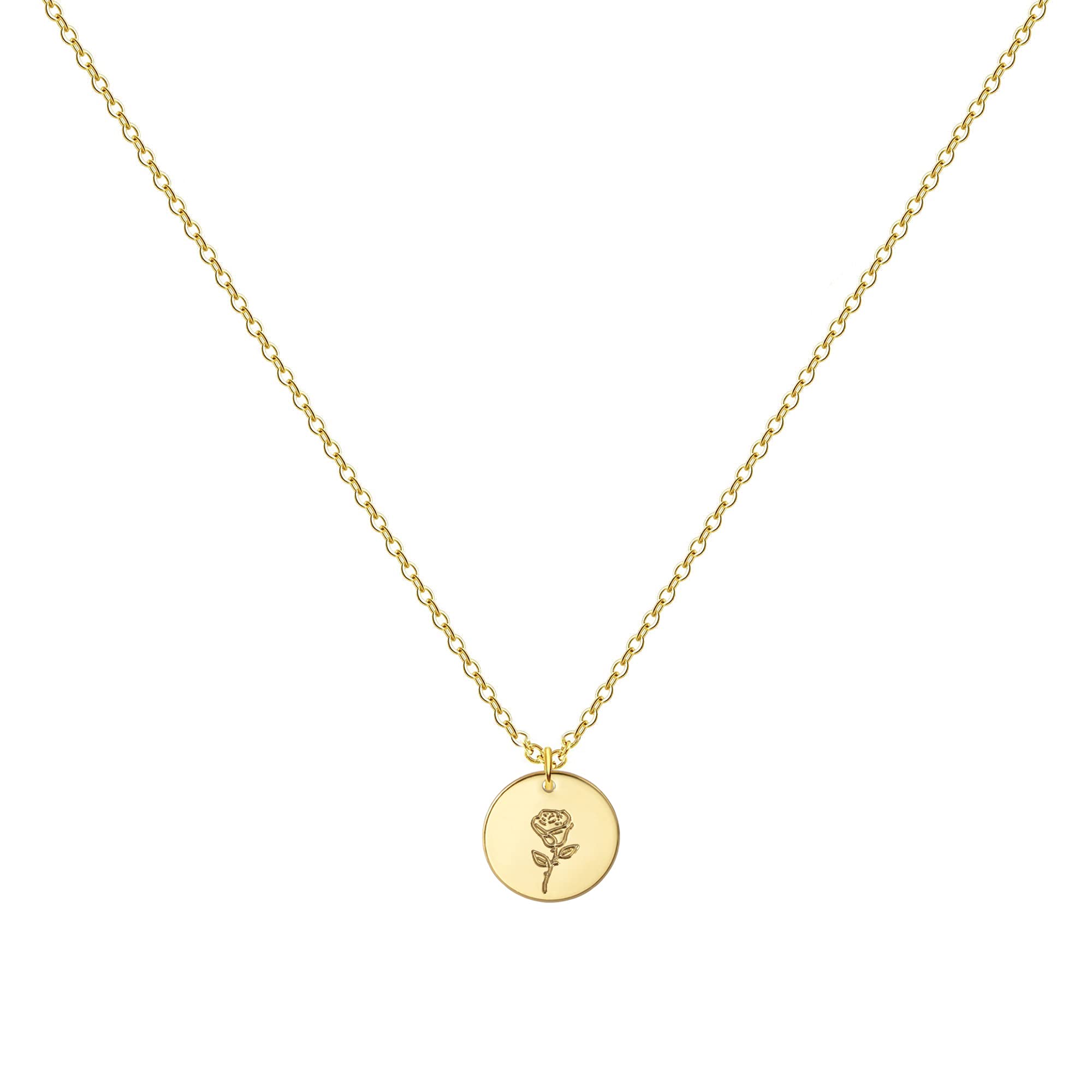 14K Gold Plated Floral Coin Pendant Necklace for Women - Personalized Birth Month Flower Jewelry, Engraved Gift for Birthday, Anniversary & Special Occasions | Elegant Layering Necklace for Everyday Wear & Formal Events