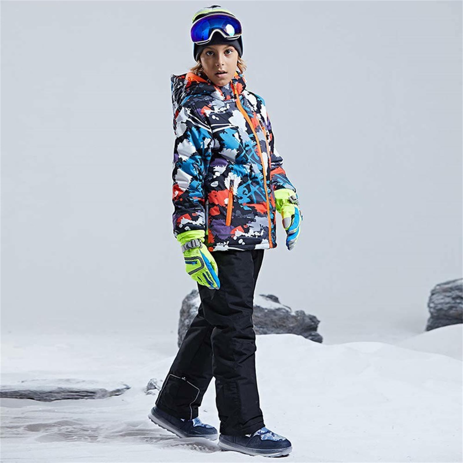WOWULOVELY Boys' 2-Piece Colorblock Snow Pants & Jacket Set - Waterproof Winter Snowsuit for Skiing, Snowboarding & Outdoor Play | Warm Insulated Snow Gear for Kids