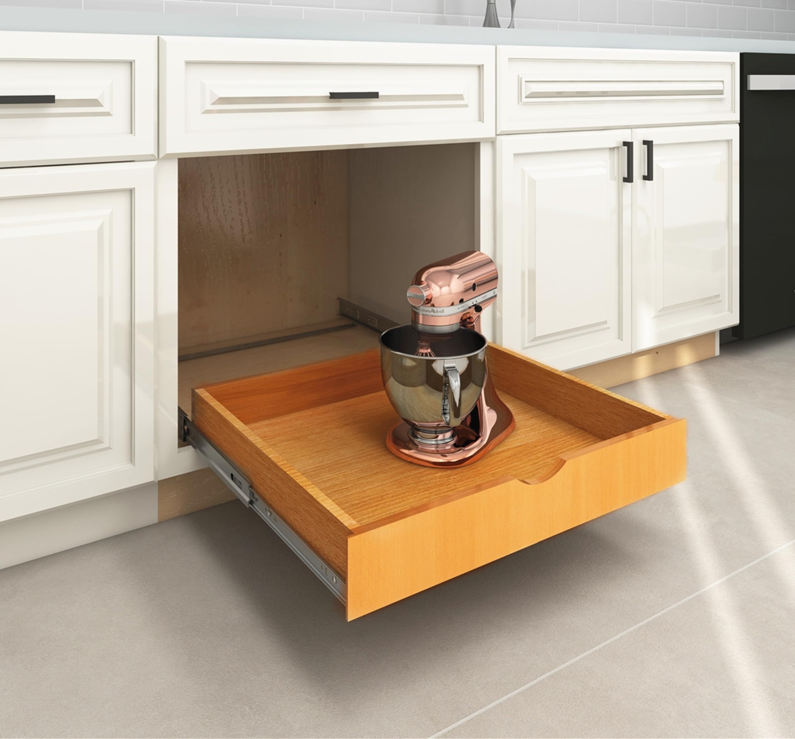 Fully Assembled Wooden Utensil Drawer Organizer - Pull-Out Under Cabinet Sliding Shelf for Kitchen, Bathroom & Vanity - Under Sink Pot Holder Drawer Organizer with Roll-Out Tray (26