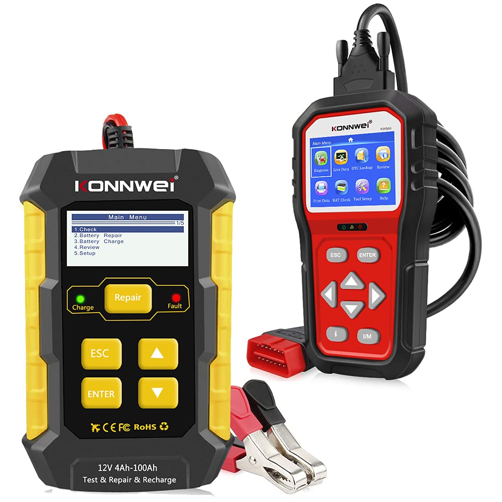 KW860 Enhanced OBD2 Scanner & KW510 Battery Charger Tester Combo - Professional Car Diagnostic Tool for Engine, ABS, Transmission - 12V Battery Tester & Maintainer - Perfect for Mechanics, DIY Auto Repair & Vehicle Maintenance