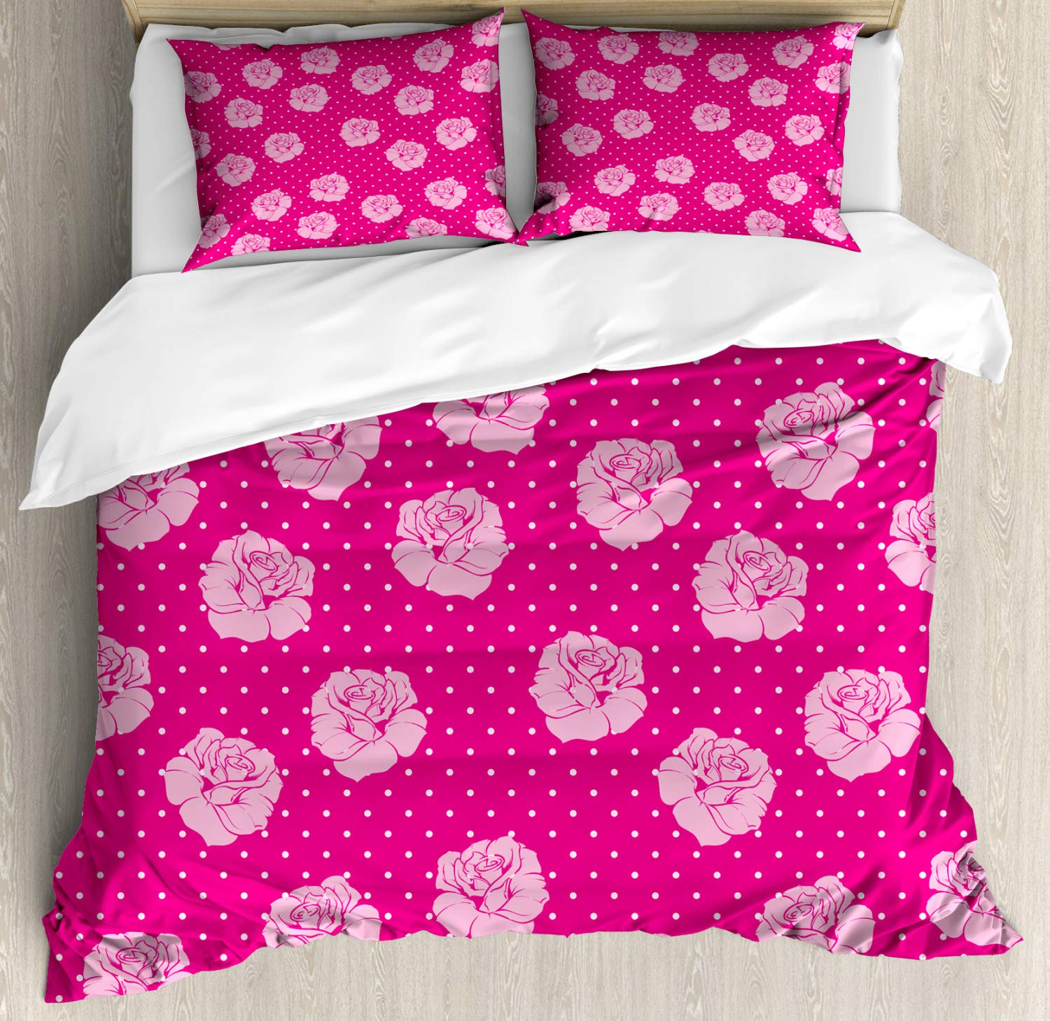 Ambesonne Vintage Floral Duvet Cover Set - Hot Pink Roses on White Dotted Background, 3-Piece California King Bedding with 2 Pillow Shams for Romantic Bedroom Decor | Perfect for Master Bedroom, Guest Room & Bohemian Style Homes