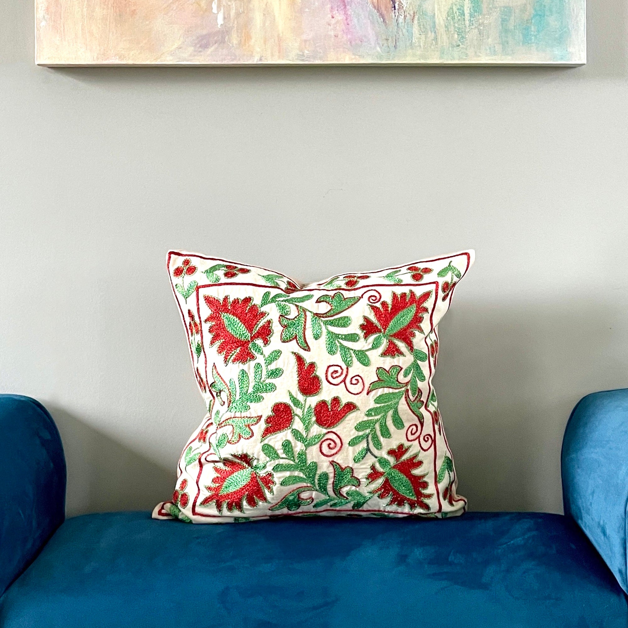 Handmade Suzani Cushion Cover Bursa - Bohemian Decorative Pillow Case for Sofa, Bed & Home Decor - Perfect for Living Room, Bedroom, and Boho Chic Interior Design