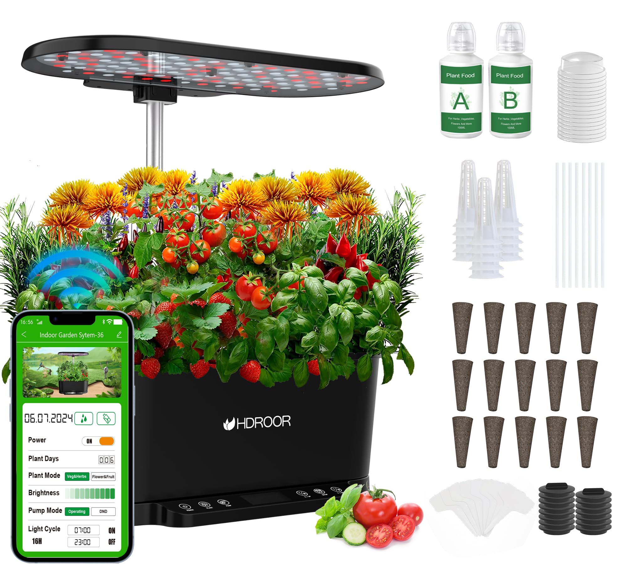 Smart Indoor Hydroponic Garden Kit with 36W Grow Light & APP Control - 15 Pods, Adjustable Height up to 30