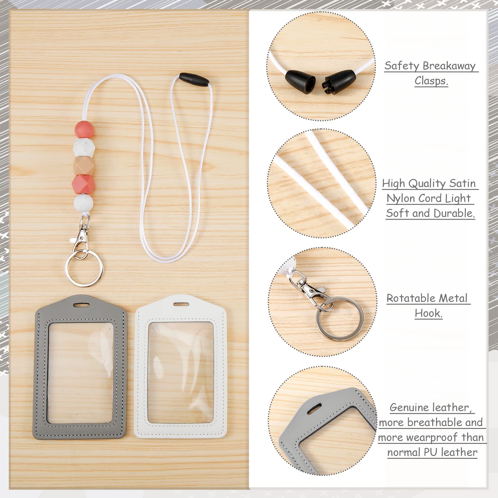 Premium Breakaway Lanyard with 2 ID Badge Holders - Silicone Beaded Adjustable Neck Strap & Leather Card Holder for Teachers, Employees, Women (Basic Style) - Perfect for Schools, Offices, Conferences & Events
