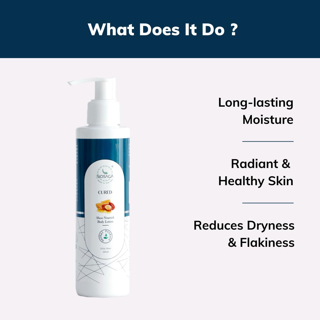 Biosaga CURED Shea Nourish Body Lotion for Dry Skin - Hydrating & Moisturizing Herbal Lotion for Men & Women | 200ml | Perfect for Daily Skincare & After-Shower Hydration