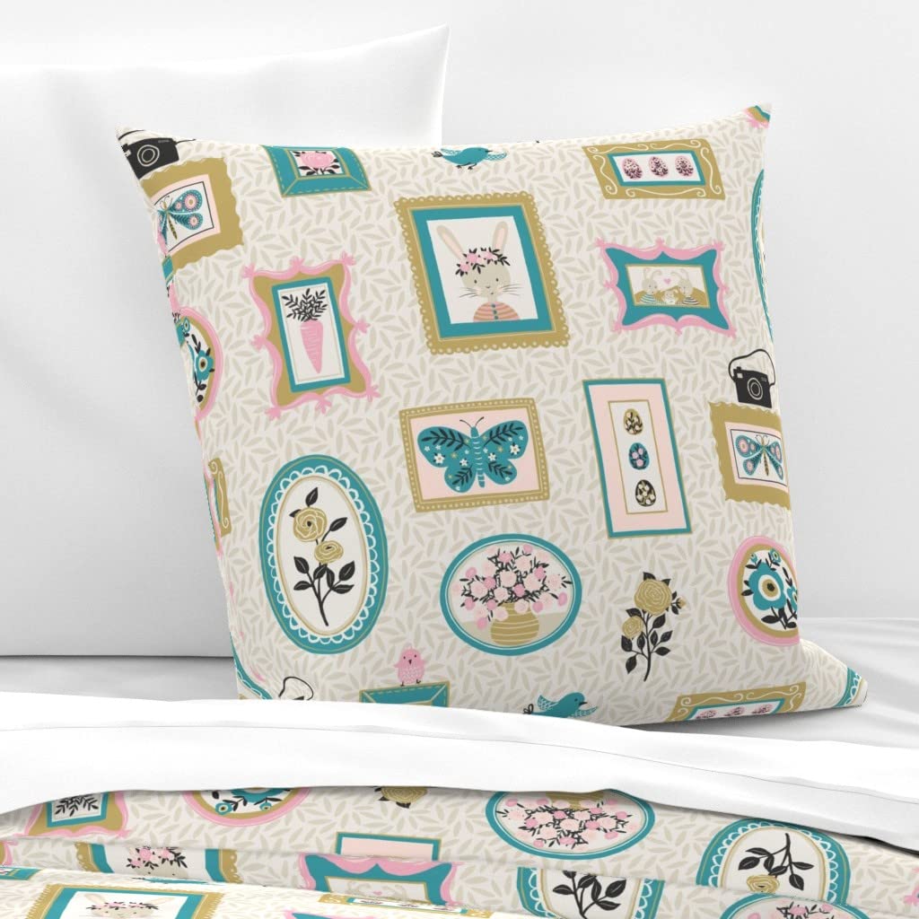 Custom Printed Cotton Sateen Euro Sham Pillowcase - Spring Bunny Easter Eggs Birds Floral Mint Blush Design for Bedroom Decor | Perfect for Easter, Spring Home Decor & Gift Giving