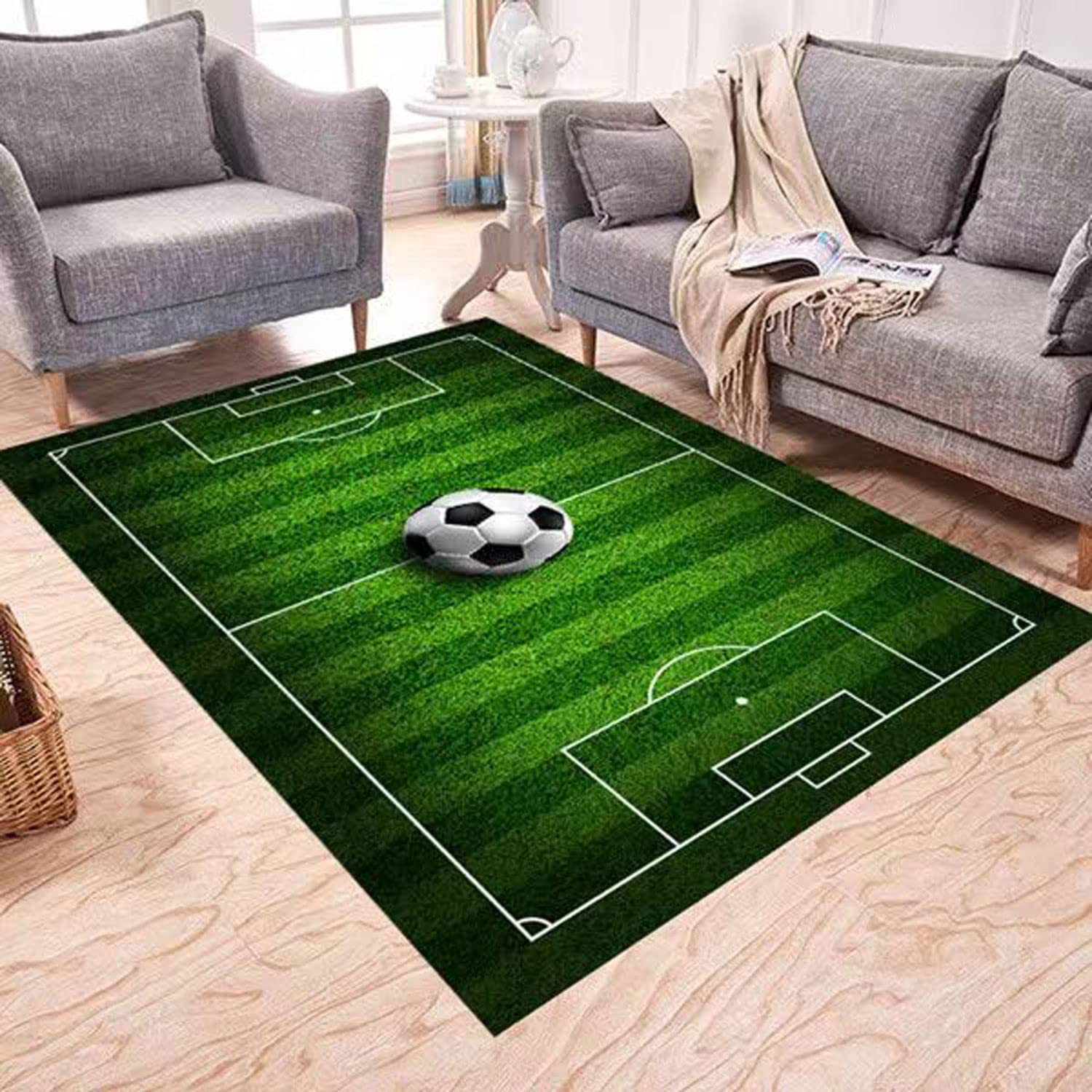 Kids Soccer Field Rug - Non-Slip Football Playmat for Boys & Girls Bedroom, Sports Room or Living Room - 4x6 ft Green Area Carpet - Perfect for Playrooms, Game Rooms and Kids' Sports Themed Decor