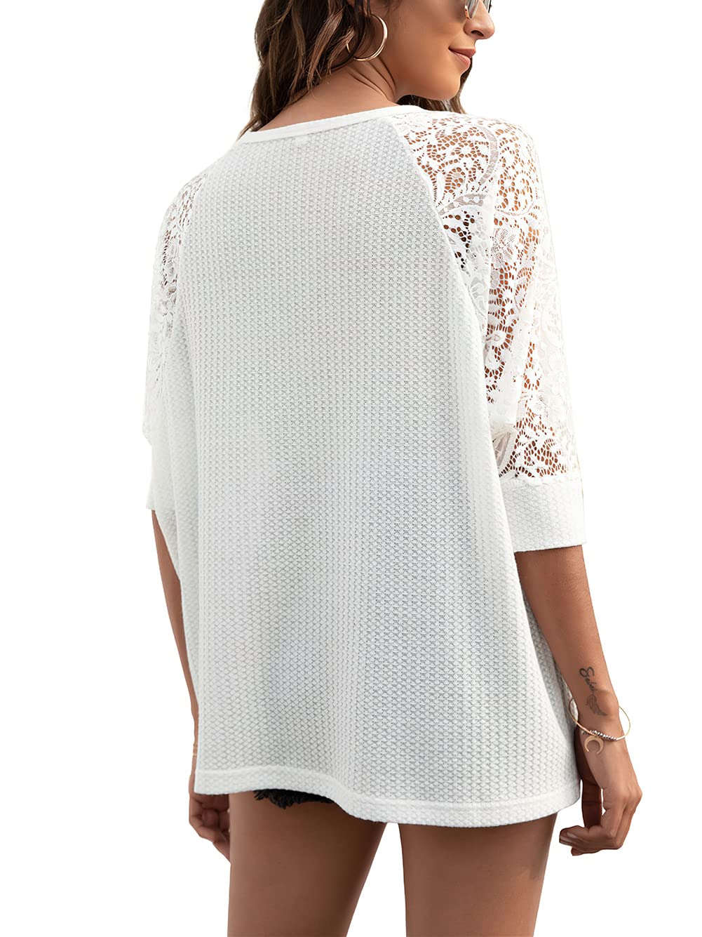 CHARTOU Women's Casual Crew Neck Lace Crochet Mid Sleeve Loose Waffle Knit Shirt Tee Tops - Stylish Boho Summer Top for Beach, Vacation & Everyday Wear