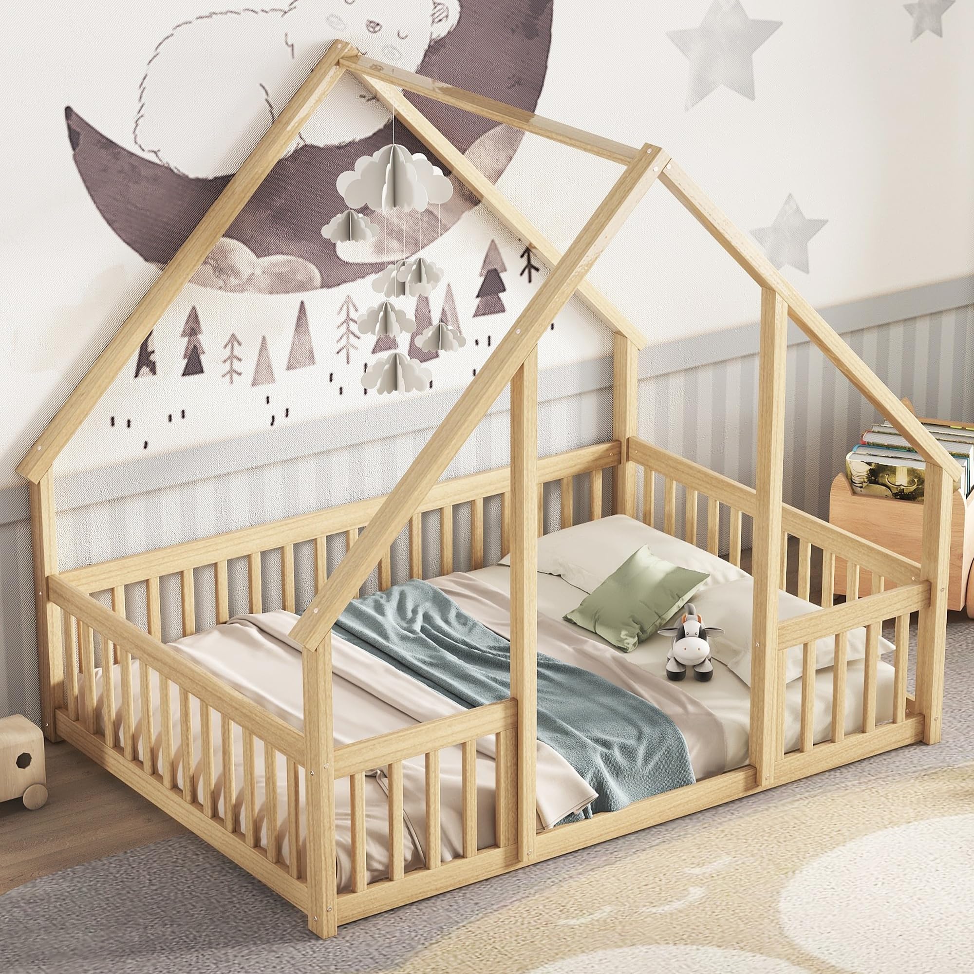 Bellemave Full Size Wooden House Floor Bed for Kids - Montessori Style Playhouse Bed with Safety Fence for Boys & Girls - Natural Wood Toddler Bed for Bedroom, Playroom or Nursery
