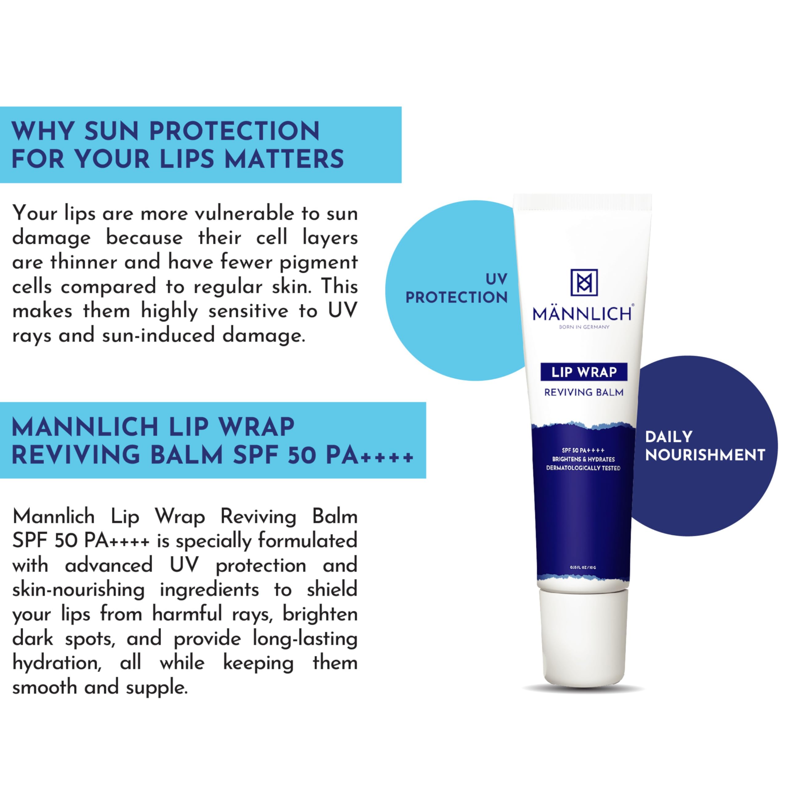 Mannlich SPF 50 PA++++ Lip Balm for Men - 2% Kojic Acid & 1% Hyaluronic Acid Lip Care Treatment - Moisturizing, Lightening, Long-Lasting Hydration for Dry & Chapped Lips (10g) - Perfect for Outdoor Activities, Workouts & Daily Lip Protection