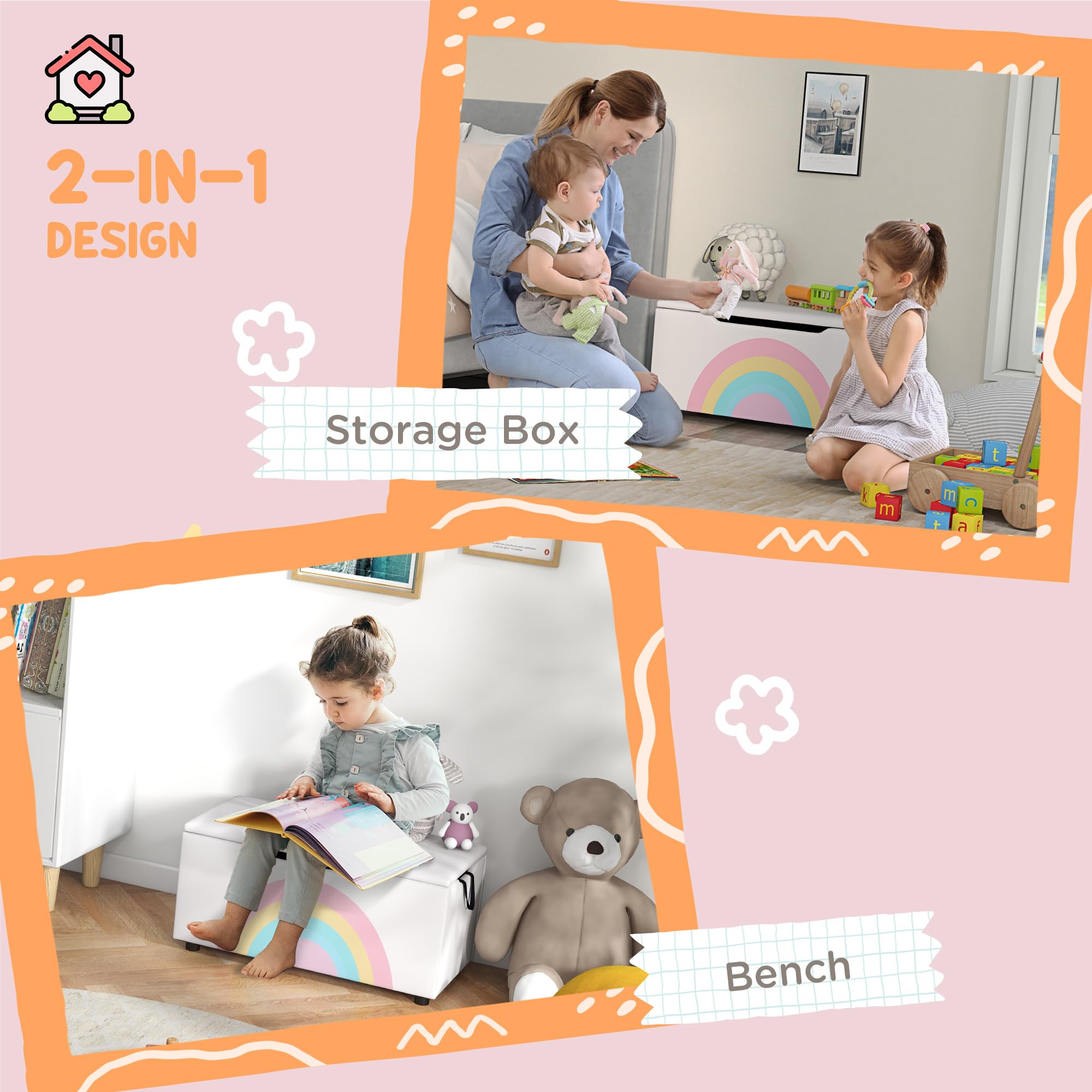 Qaba Kids Toy Storage Box - Lightweight Toy Organizer with Lid & Handles for Nursery, Playroom, Bedroom - 29.5 x 14.5 x 15 Inches White Toy Chest for Boys & Girls Ages 3-8 - Perfect for Organizing Legos, Stuffed Animals & Kids Toys
