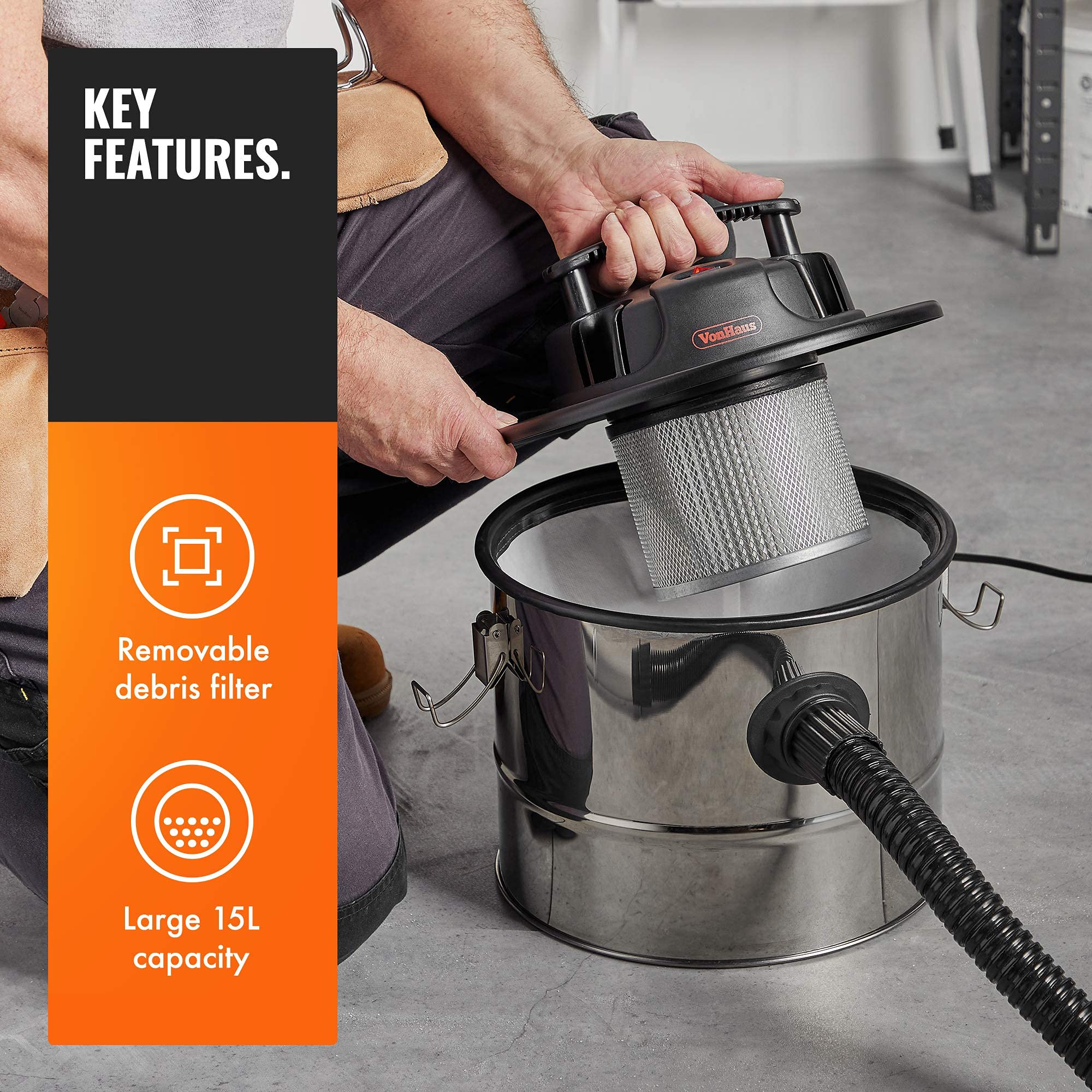 VonHaus 800W 15L Ash Vacuum Cleaner - Powerful Bagless Ash & Dust Collector for Fireplace, Grill, BBQ, Fire Pit, Stove - Ideal for Home, Workshop & Industrial Use - Perfect for Fireplace Cleaning, Chimney Maintenance & Outdoor Cooking Areas