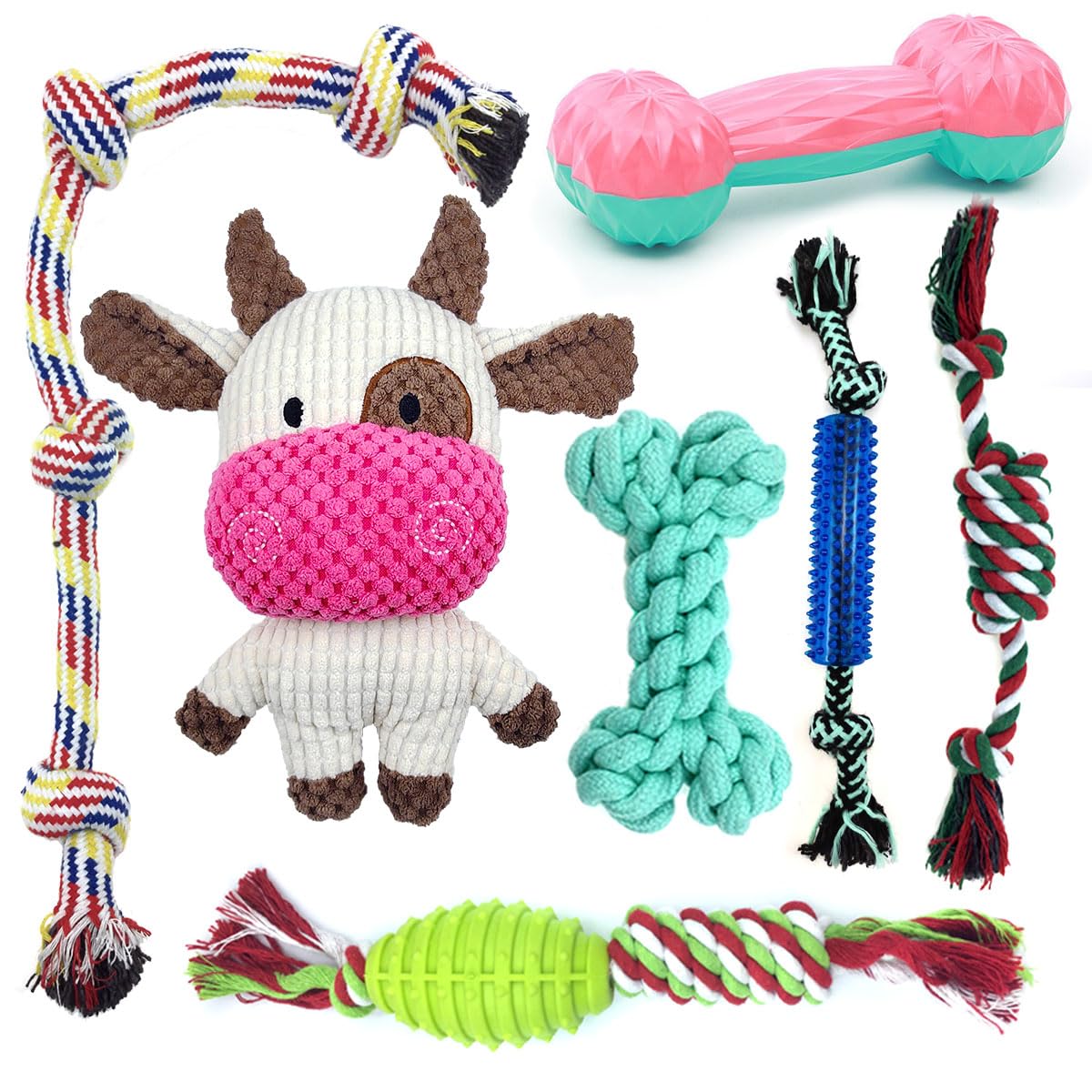 **Durable 7-Pack Squeaky Puppy Chew Toys for Small Dogs - Natural Cotton Rope & Plush Teething Toys for Puppies - Interactive Dog Toys for Training, Playtime & Dental Health**