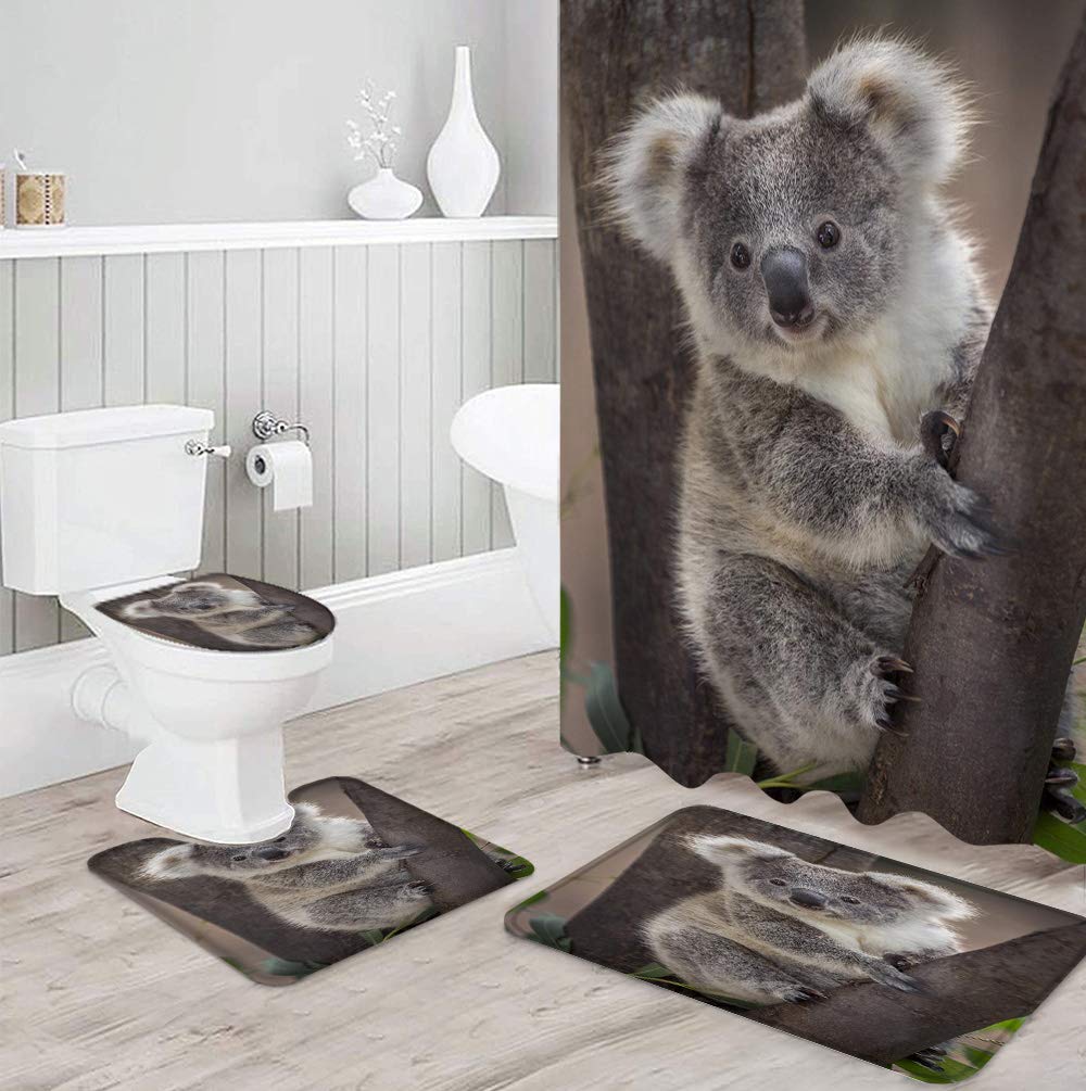 4 Pcs Koala Bear Shower Curtain Set - Waterproof Bathroom Decor with Non-Slip Rugs, Toilet Lid Cover & Bath Mat, 72x72 Inch Large Wild Animal Theme - Perfect for Kids' Bathroom, Nursery or Jungle-Themed Home Decor