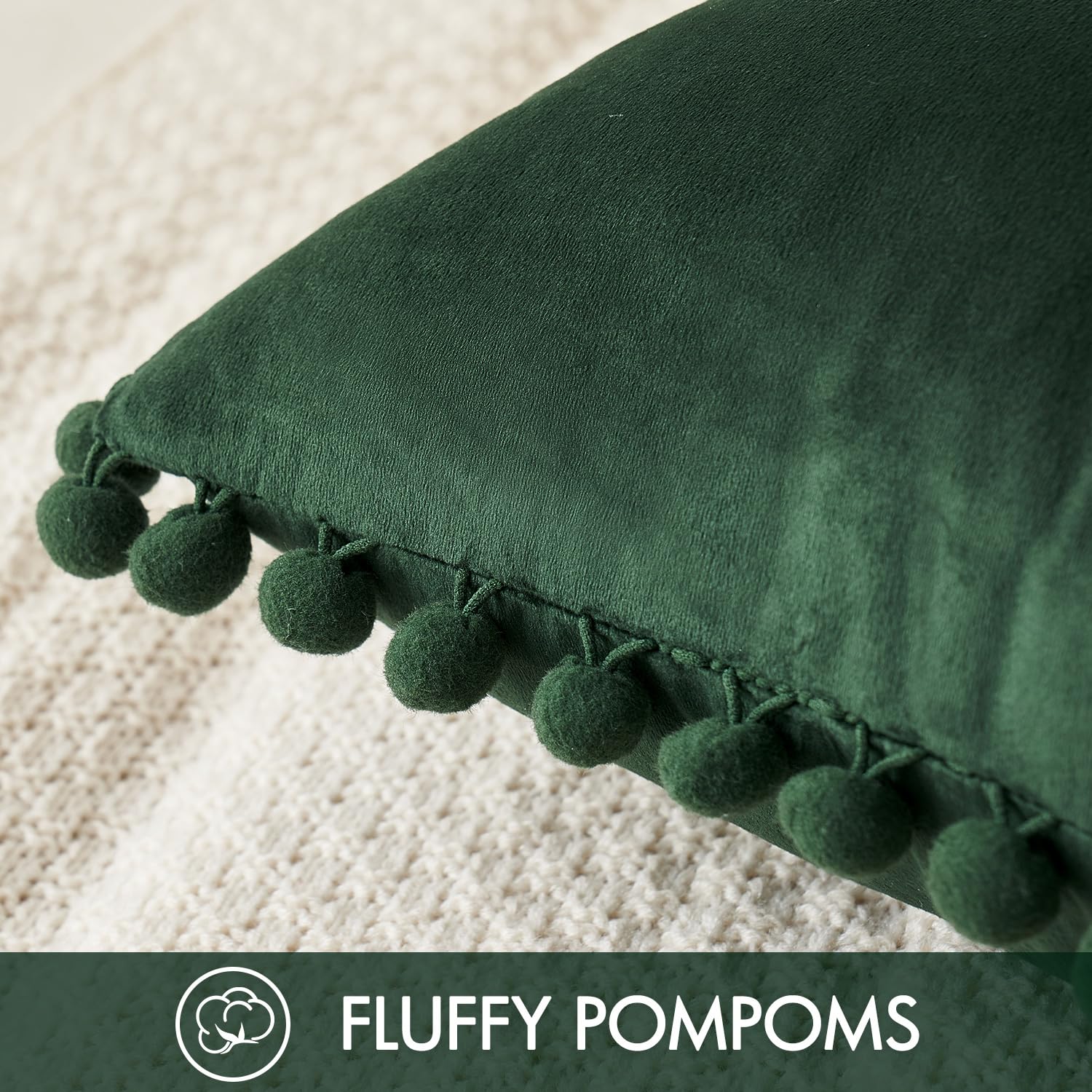 Woaboy 18x18 Inch Dark Green Velvet Throw Pillow Covers Set of 2 - Soft Cozy Pom-Pom Decorative Cushion Covers for Couch, Sofa, Bedroom - Farmhouse Home Decor (Perfect for Living Room, Nursery & Guest Room)