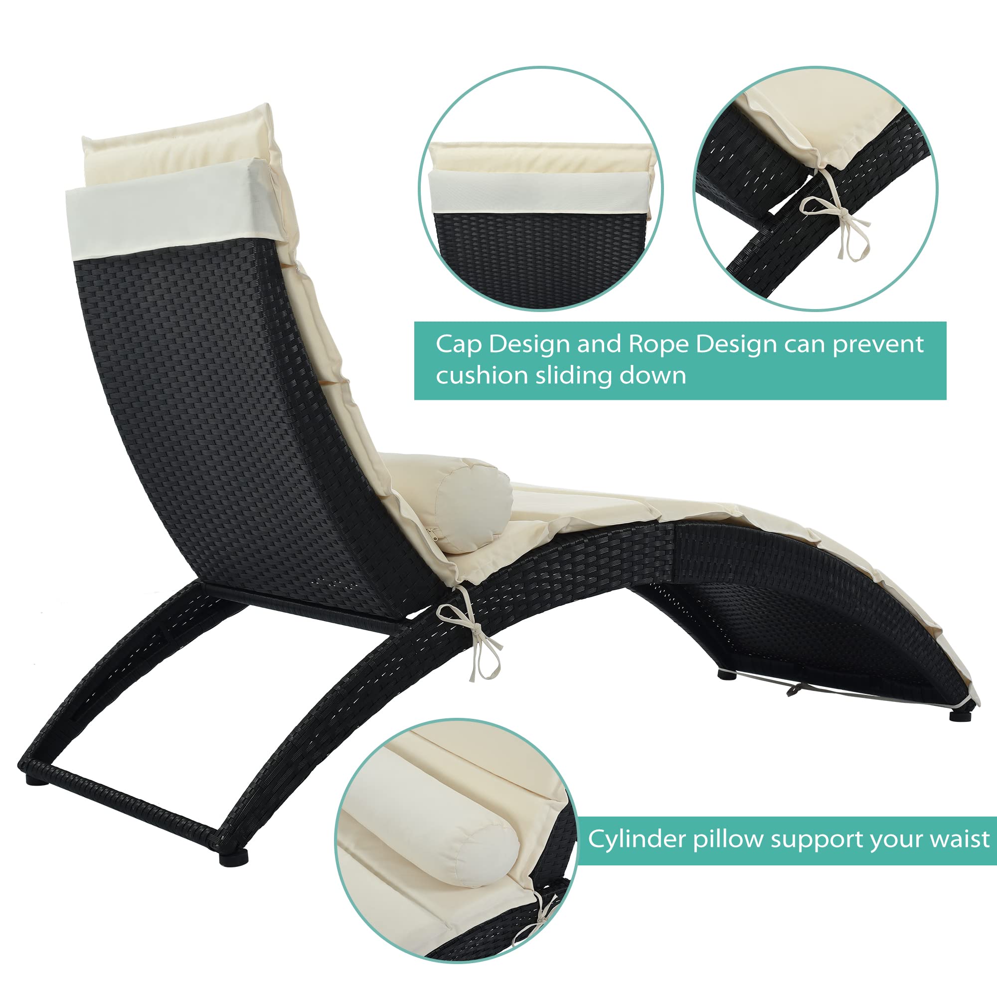 Foldable PE Rattan Sun Lounger Chair with Removable Cushion & Pillow - Outdoor Patio Furniture for Backyard, Garden, Poolside, Balcony - Wicker Chaise Lounge for Relaxing in Black & Beige