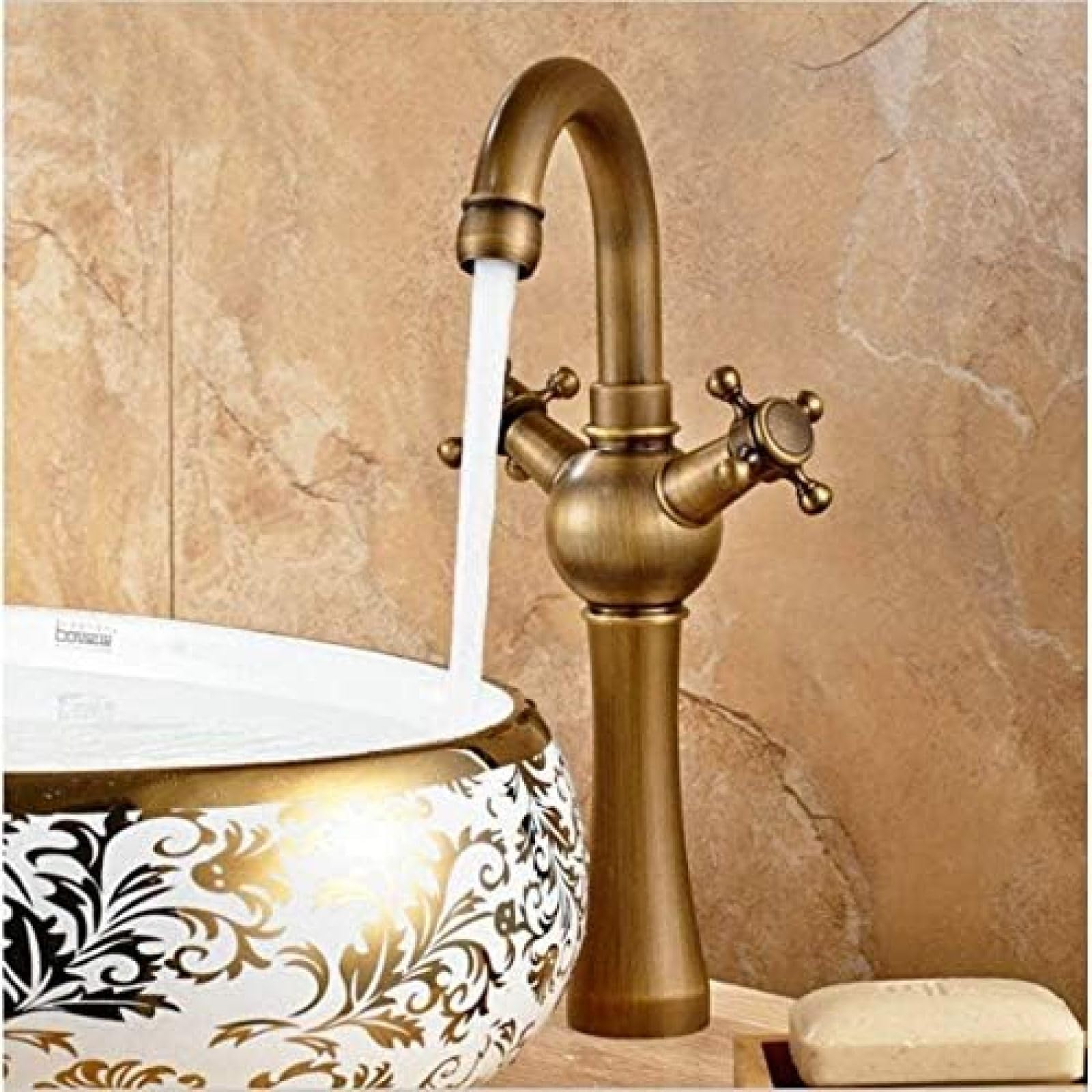 CRJUS Antique Brass Kitchen Faucet - Double Handle Mixer Tap for Sink & Bathroom Basin | Vintage Style Water Tap for Modern & Farmhouse Kitchen Decor