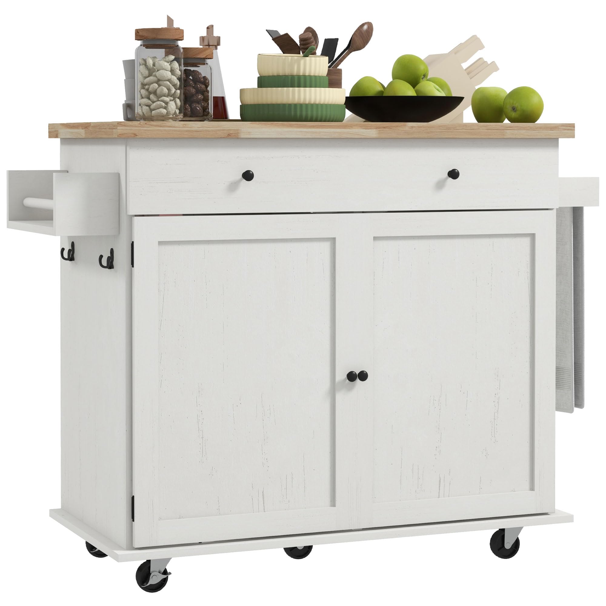 Farmhouse Style Rolling Kitchen Island Cart with Storage - White Distressed Rubberwood Top, 2 Cabinets, Drawer & Spice Rack | Mobile Kitchen Organizer with Towel Racks & Hooks for Small Spaces, Apartment Cooking & Dining Room Serving