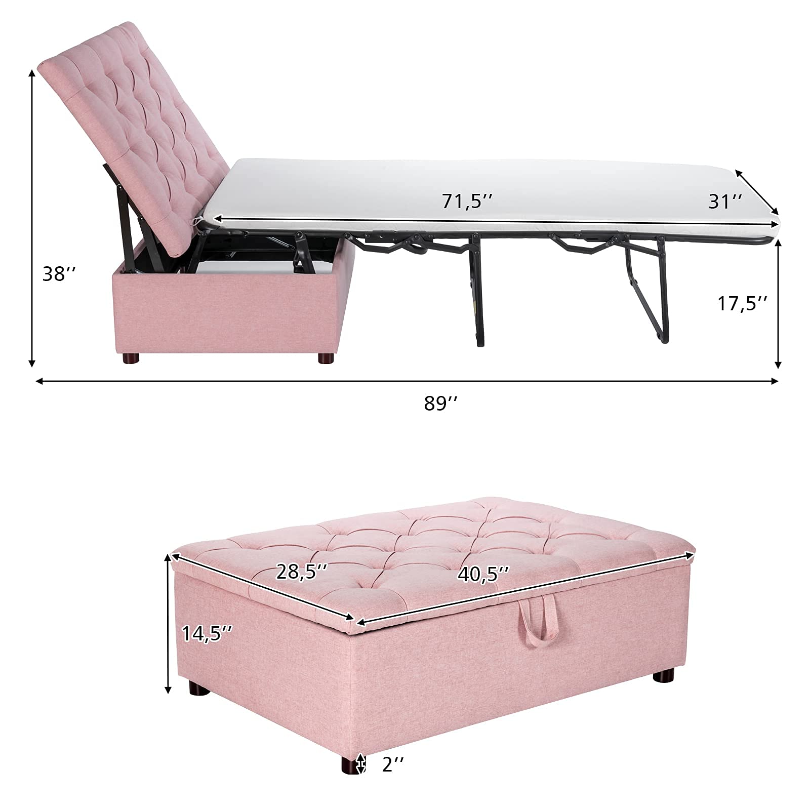 Giantex Ottoman Folding Bed with Mattress - Convertible Chair to Sofa Bed, Steel Frame Sleeper Couch for Guest & Lounge - Dual Use Living Room, Bedroom & Office Furniture (Pink) | Perfect for Small Spaces, Overnight Guests & Multi-Functional Home Decor
