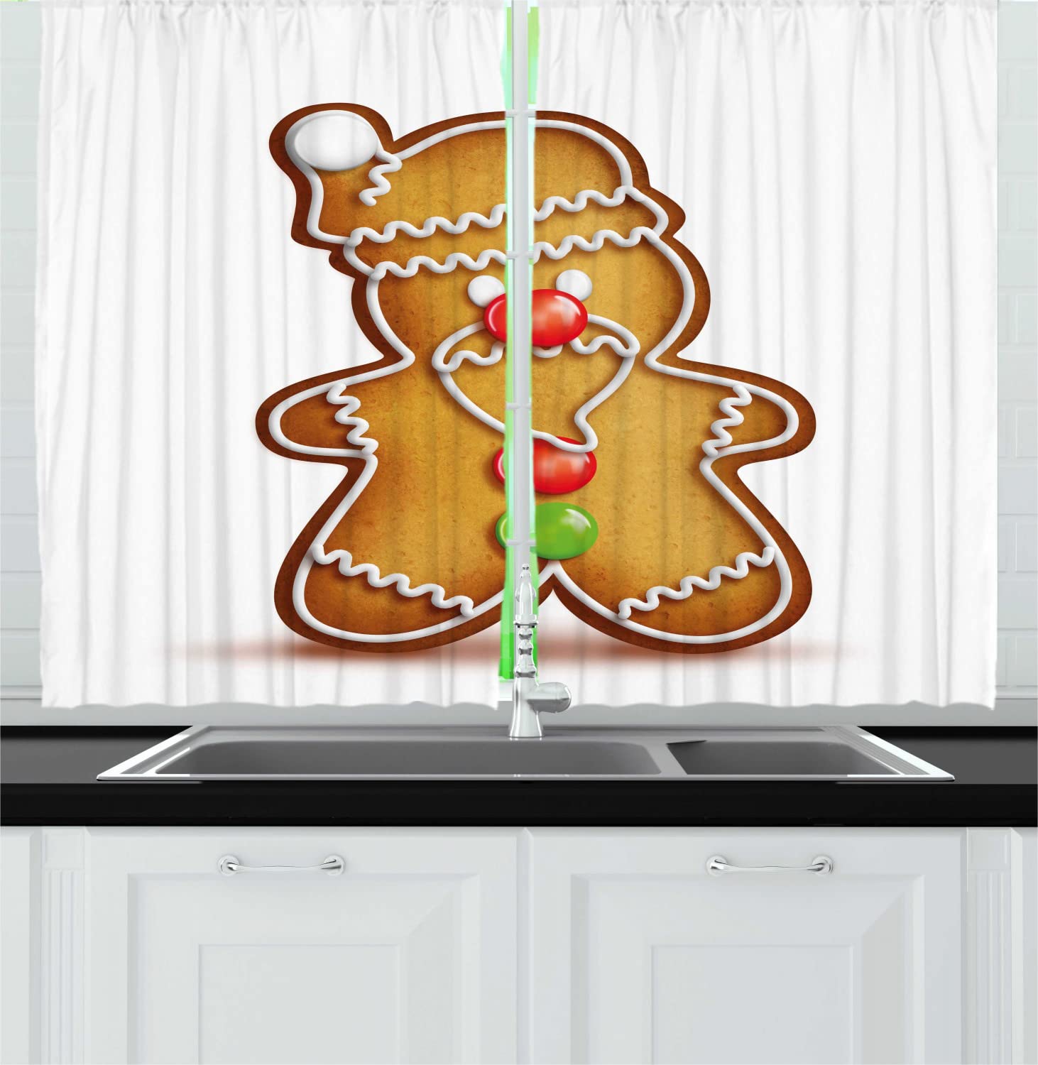 Ambesonne Gingerbread Man Kitchen Curtains - Whimsical Santa & Candy Cartoon Design, 55