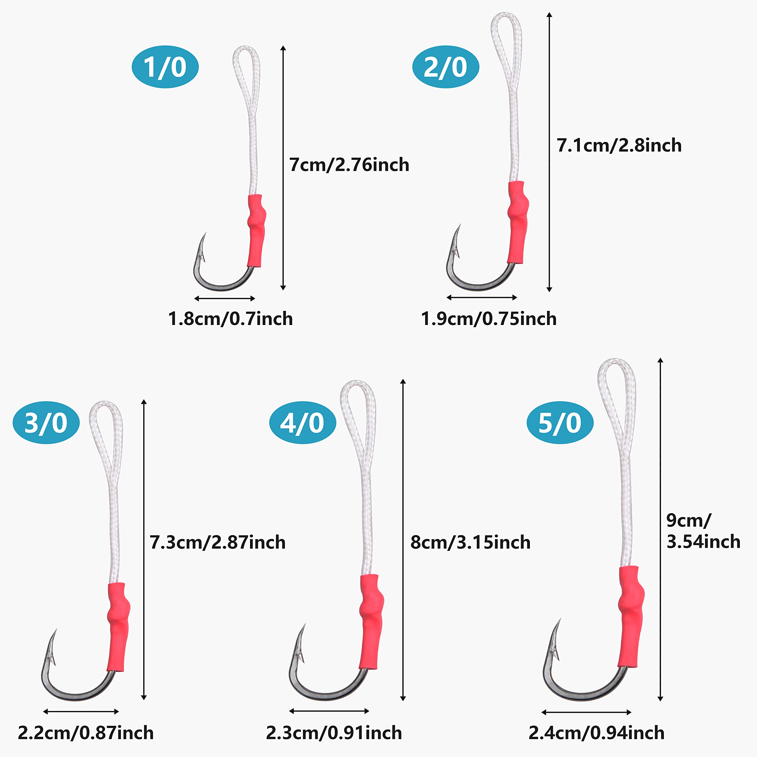 OROOTL 60pcs Saltwater Fishing Assist Hooks with PE Line - Stainless Steel Vertical Jig Hooks for Slow Pitch Jigging & Trolling (1/0-10/0 Size) - Perfect for Deep Sea Fishing, Butterfly Jigging & Offshore Angling