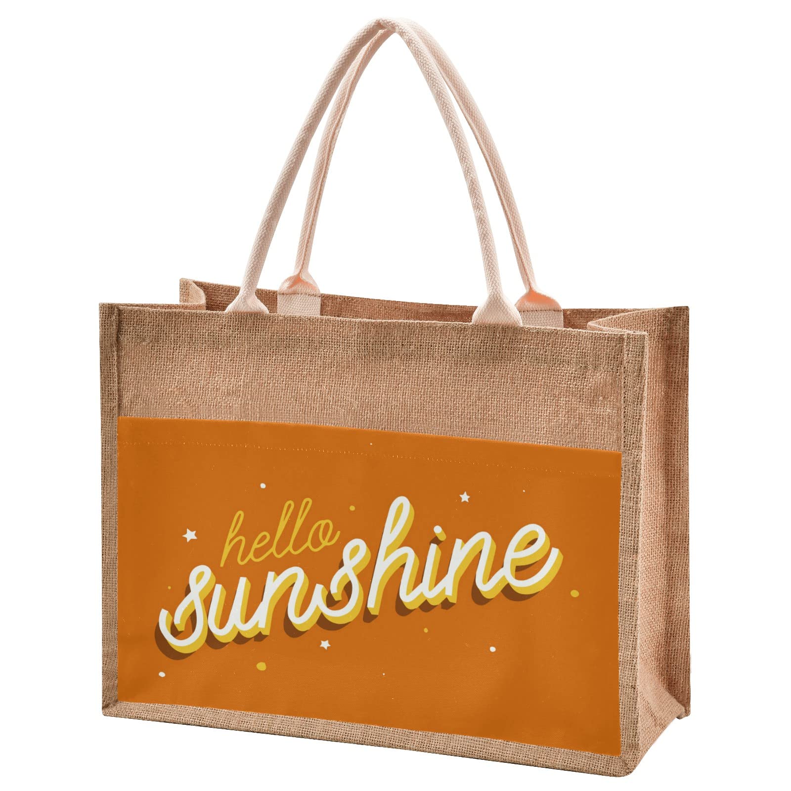 Linqin Hello Sunshine Orange Jute Tote Bag - Waterproof Burlap Straw Grocery Bag with Sturdy Handles for Shopping, Travel & Beach - Perfect for Farmers Market, Picnics and Summer Outings